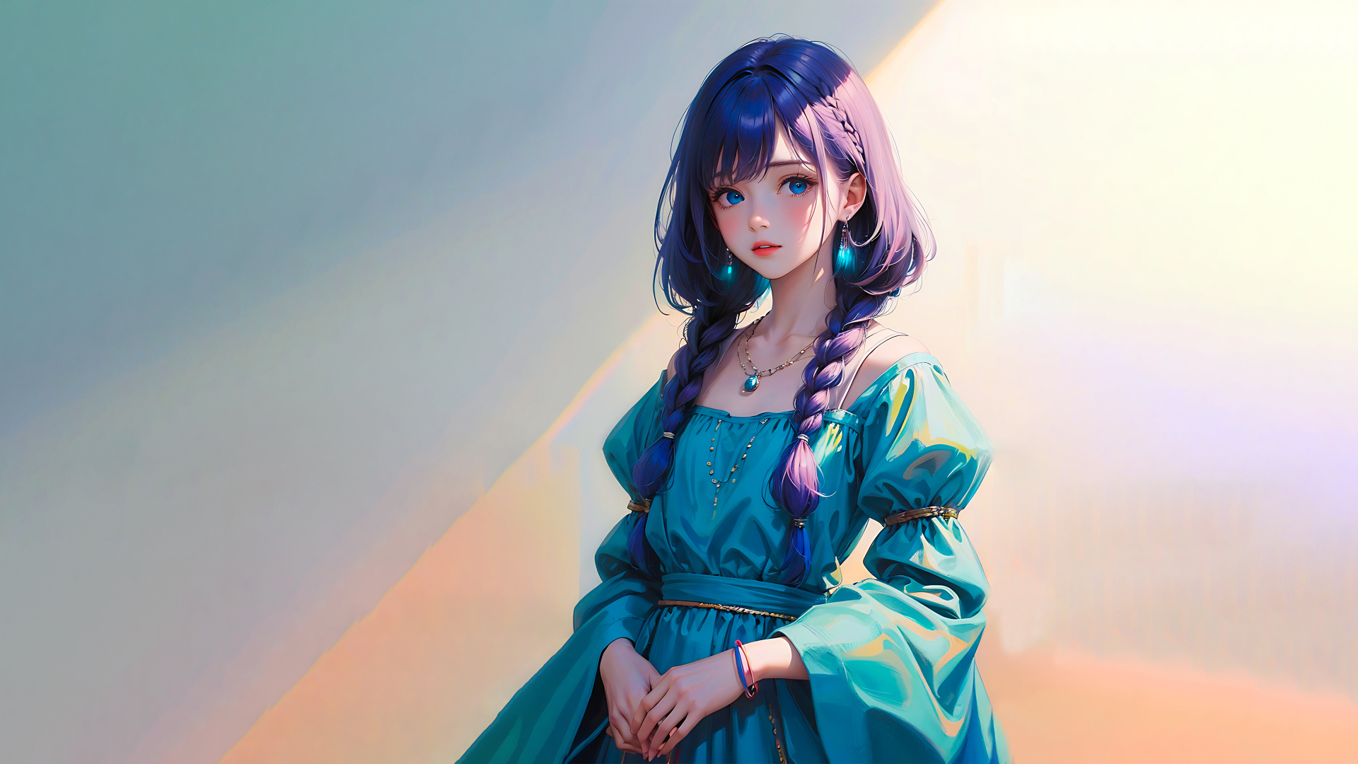 清纯人像主题二次元少女，留蓝紫渐变双麻花辫，身着湖蓝色露肩长裙，佩戴嵌蓝色宝石的项链与耳饰，站在青橙渐变的柔和极简背景前。