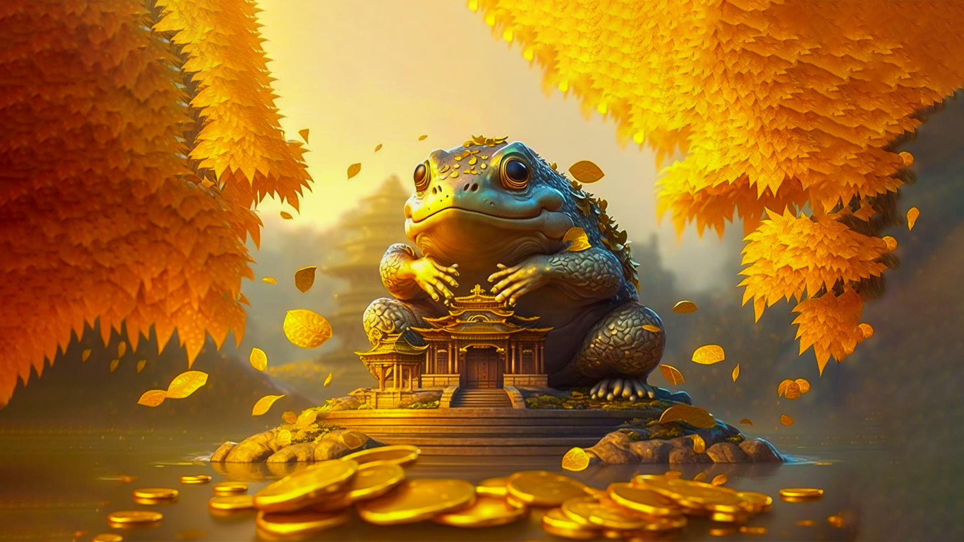 国风3D奇幻画面，青绿色拟人金蟾蹲在水中小岛，身旁立着金色飞檐殿堂，水面散落古钱币，两侧有橙黄叶簇，远处是朦胧古塔和暖调天光。