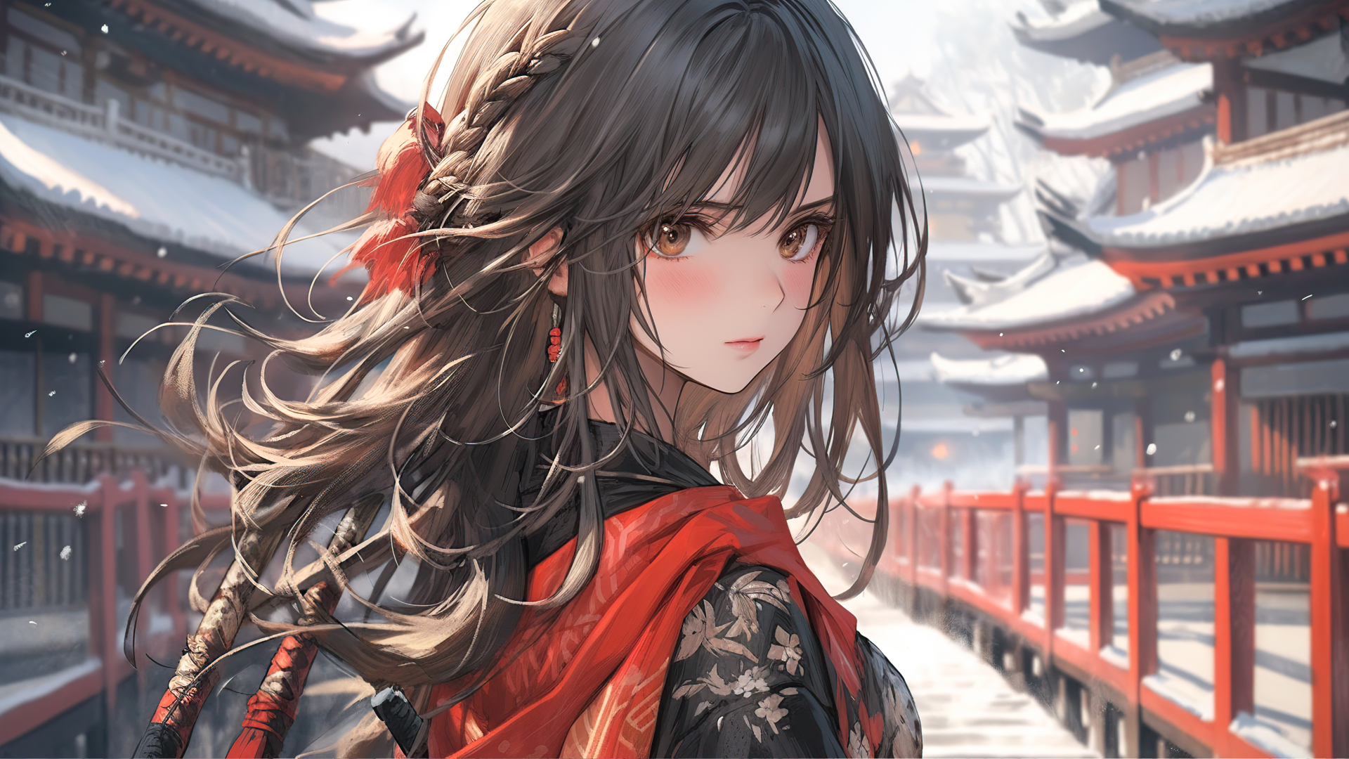 回望的古风二次元少女，发间系着红色绒花，身着带白花的黑底衣装，身后是落雪的朱红古建廊桥。