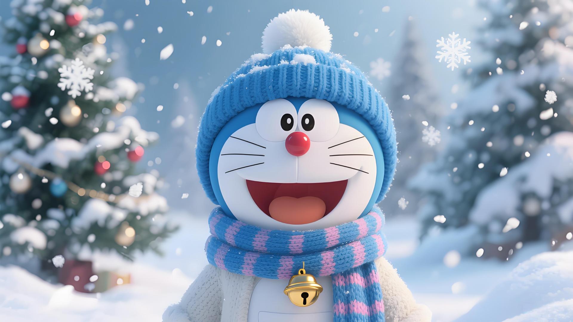 3D卡通雪景中，佩戴蓝粉针织围巾与带毛球针织帽的哆啦A梦立于积雪地面，背景有覆雪的暖光装饰圣诞树、落雪松林与飘雪天空。