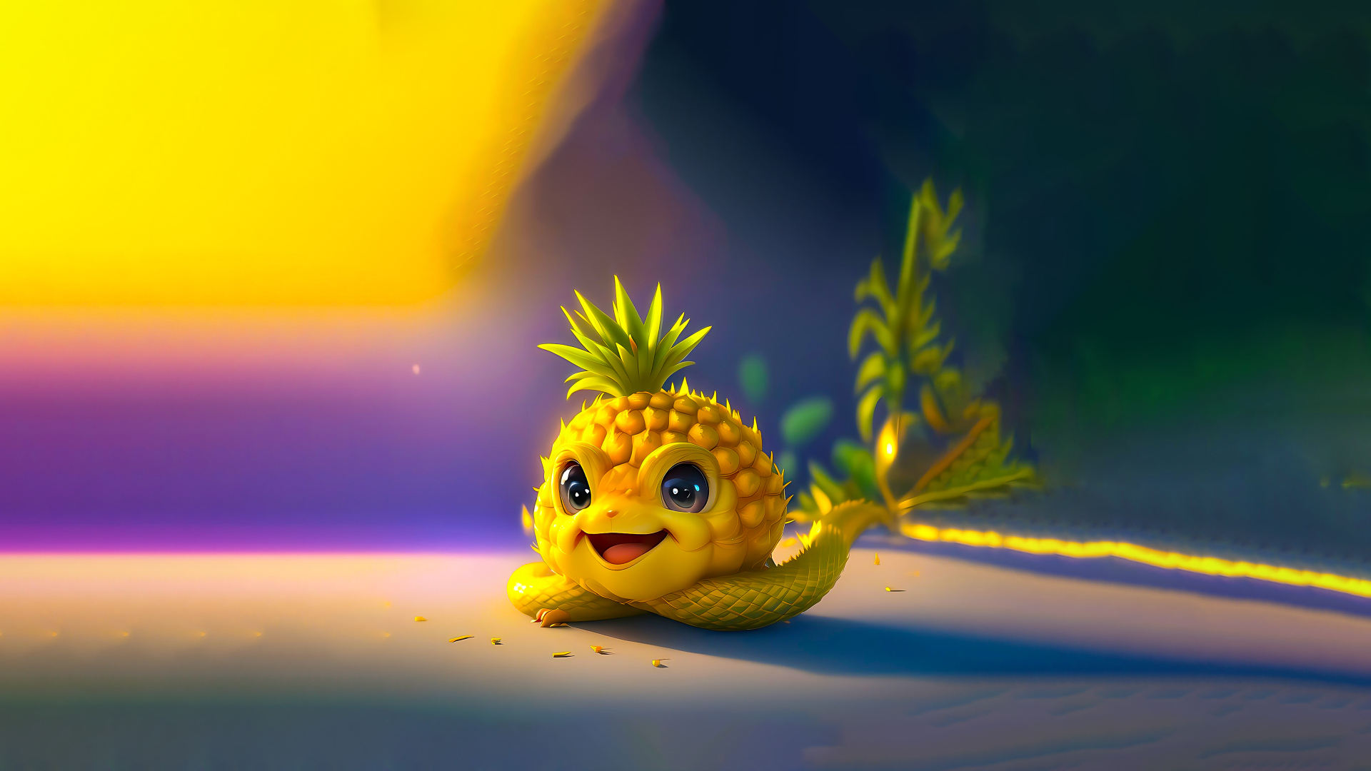 Q版3D卡通蛇，头部为带绿叶冠的黄色菠萝造型，绿色鳞片蛇身面带笑容，背景为紫粉与深绿蓝渐变的暖调光影，地面散落黄色细碎碎屑，后方有模糊绿色植物。