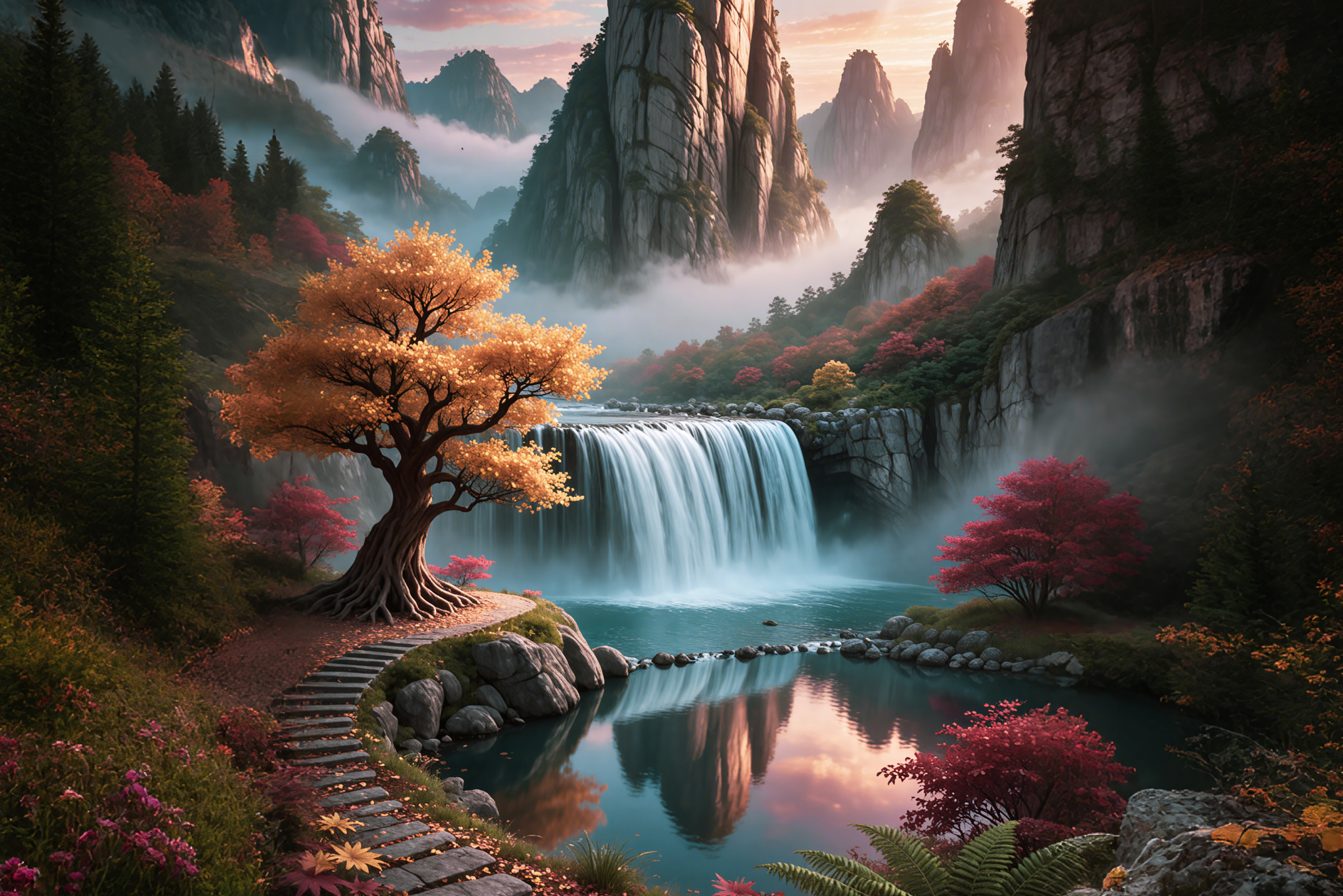 秋瀑霞峰图