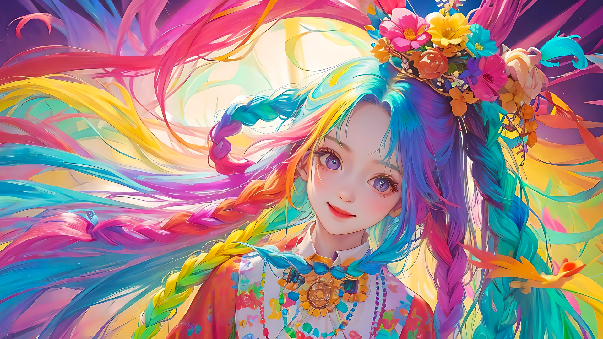 紫眸彩色编发花冠少女，身后是绚烂多彩的流动背景