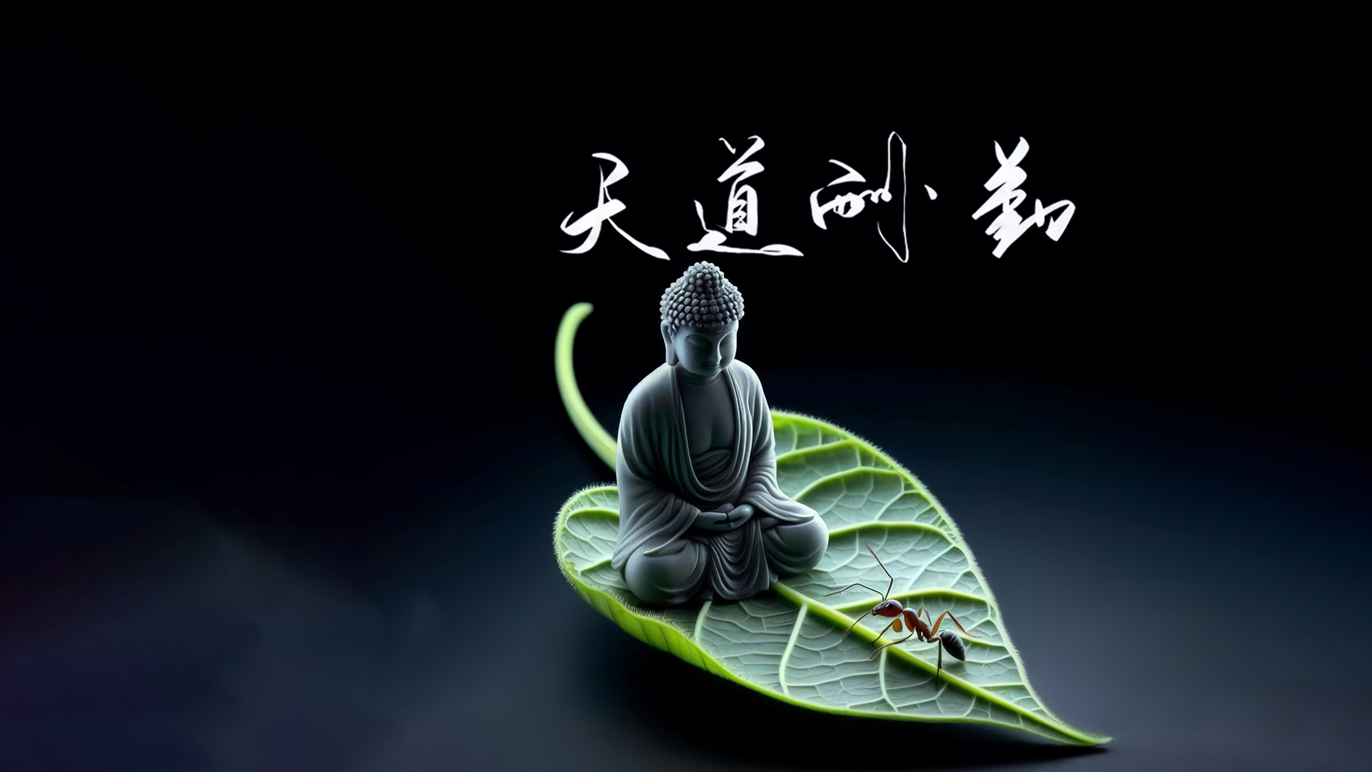 深黑色哑光背景中，结跏趺坐的灰青色迷你佛像坐于鲜绿叶片上，叶片上有棕黑蚂蚁，画面上方配有白色“天道酬勤”毛笔书法，为3D写实风格。