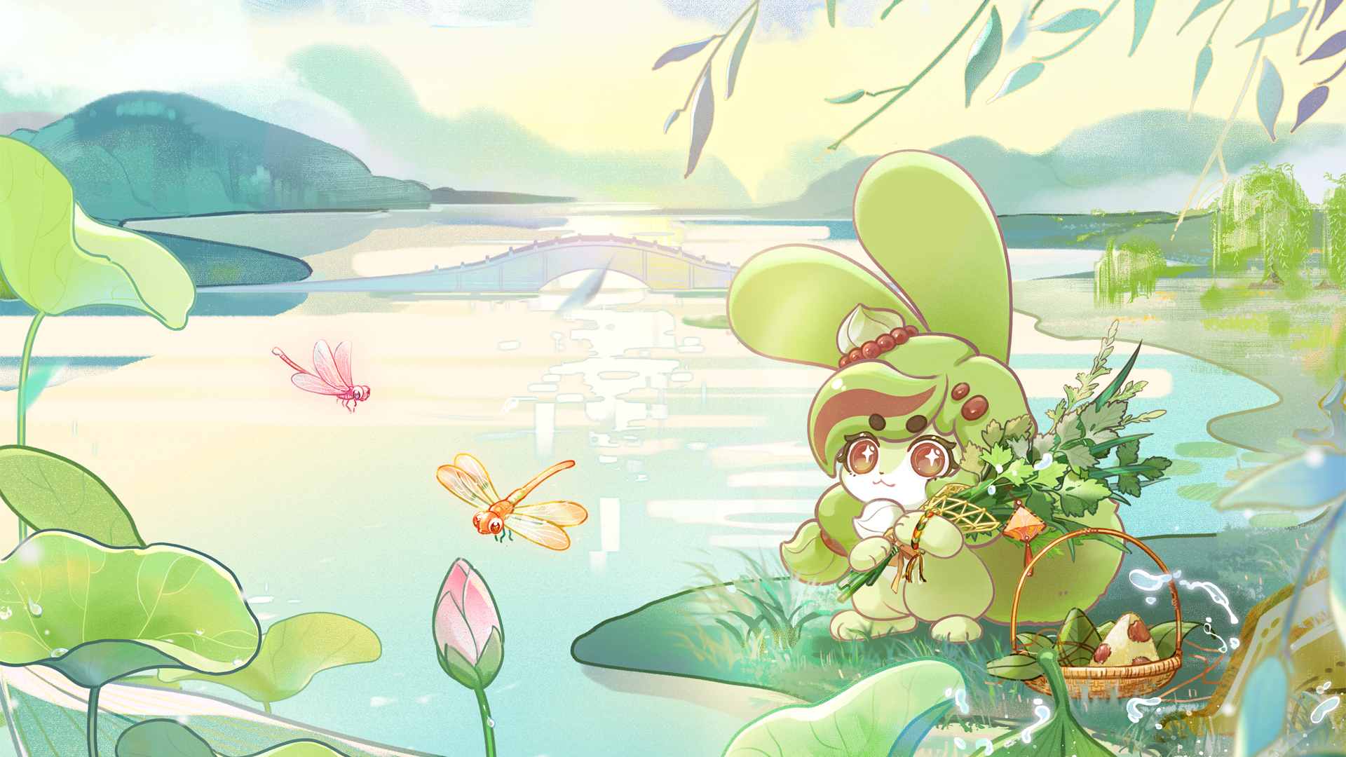 卡布兔 夏端午粽叶飘香绿色壁纸