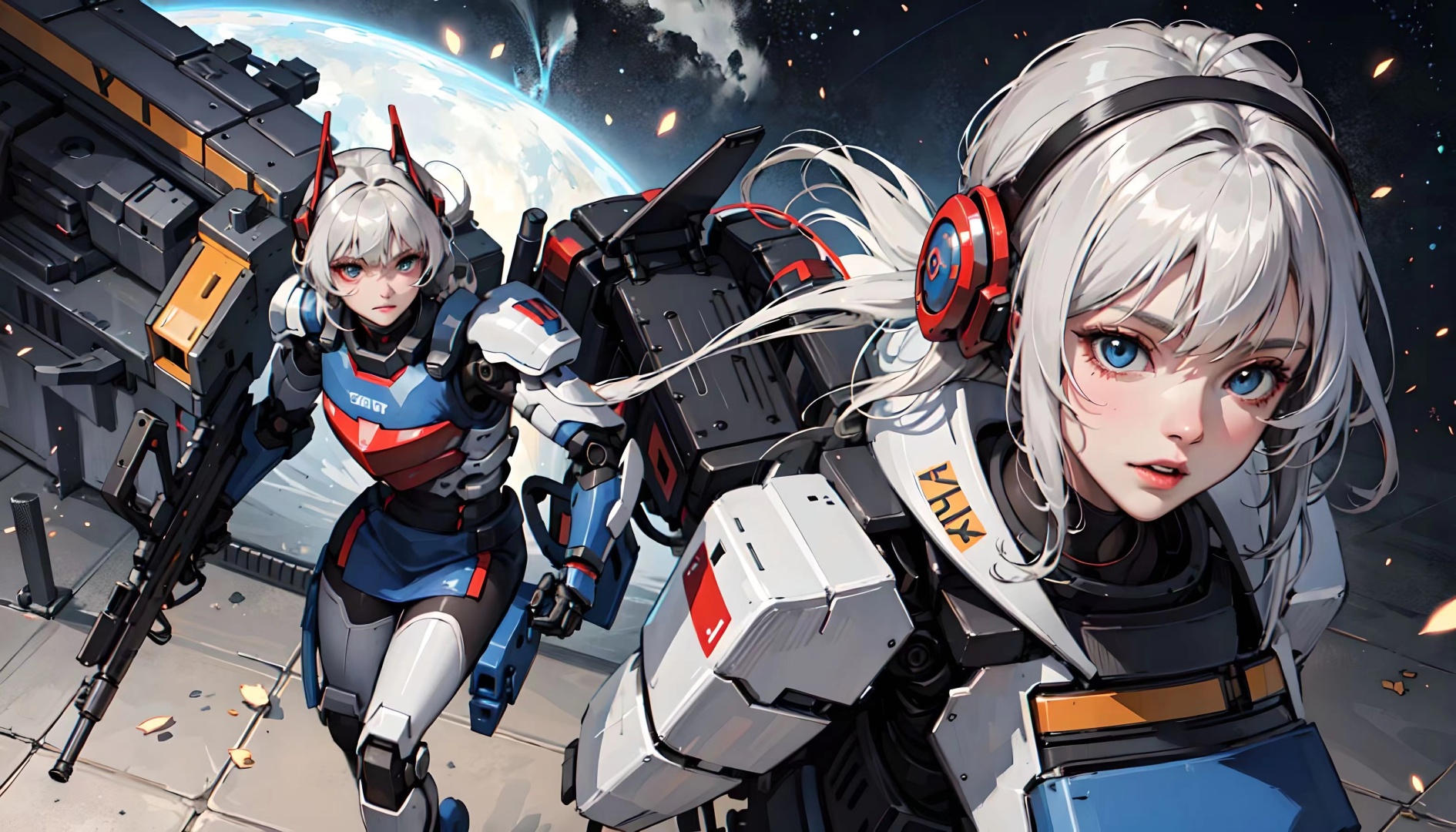 两名银发机甲少女在太空空间站区域，朝向画面镜头方向行进。