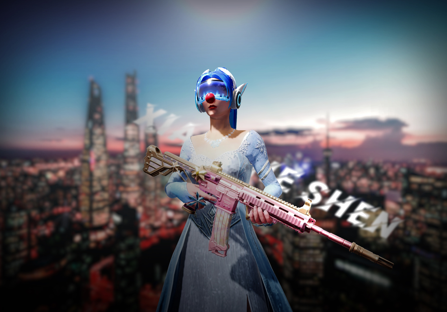 蓝发护目镜女性持粉金步枪，暮色城市背景