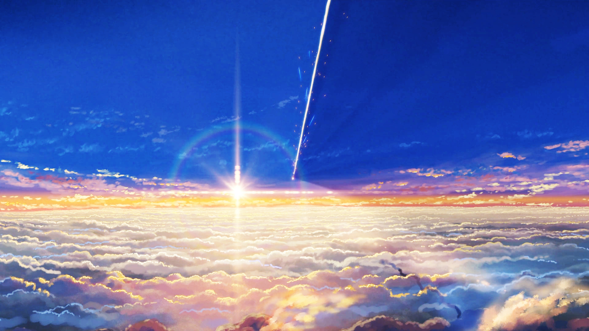 高空俯瞰日落云海，明亮太阳从云海绵延的地平线升起，右上方斜划过带细碎火花的亮白色流星。
