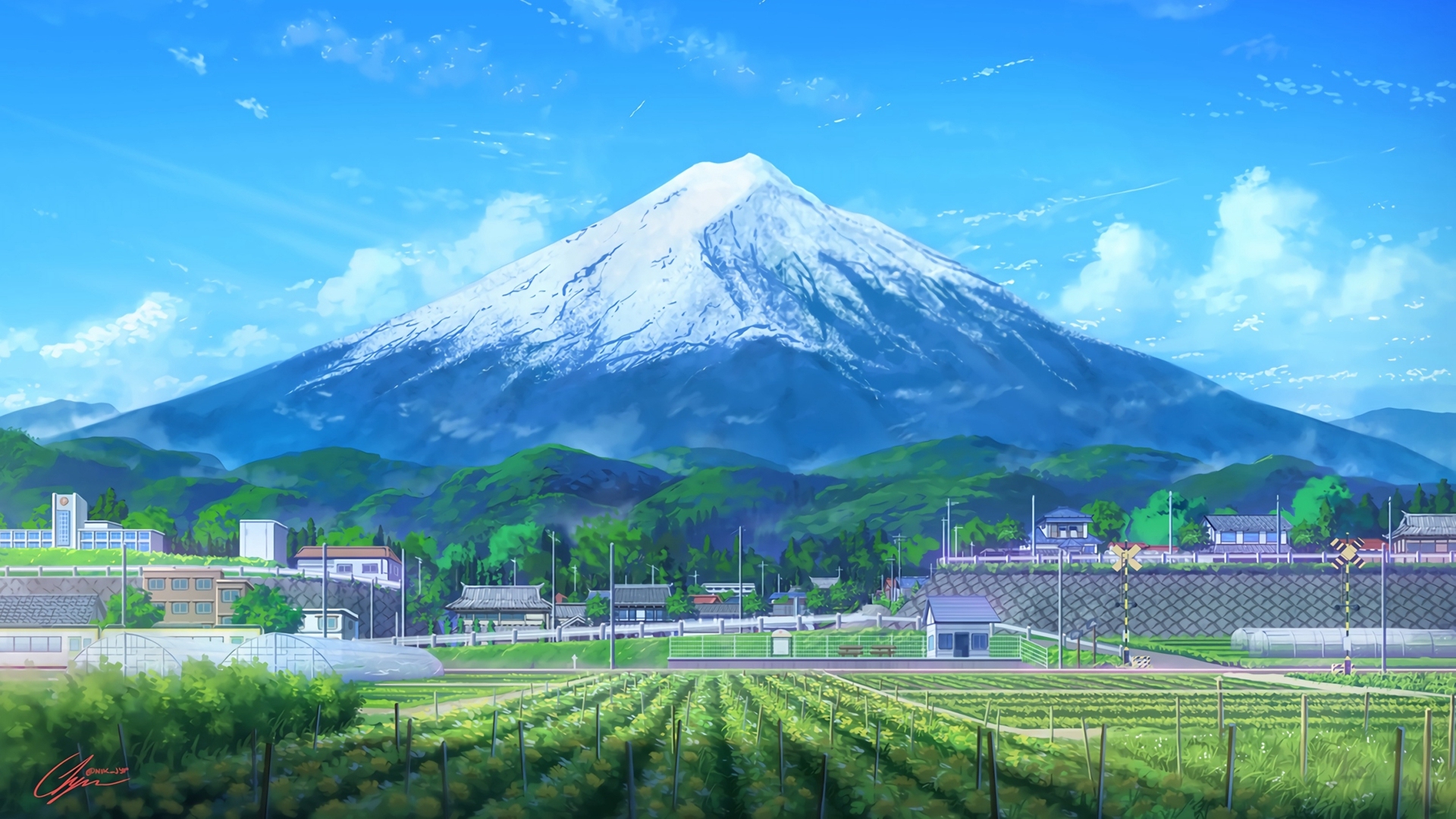 横版日系动漫插画，亮蓝色晴空下，积雪覆盖的锥形富士山居于画面中上部，前景是鲜绿色规整农田与日式乡村民居。