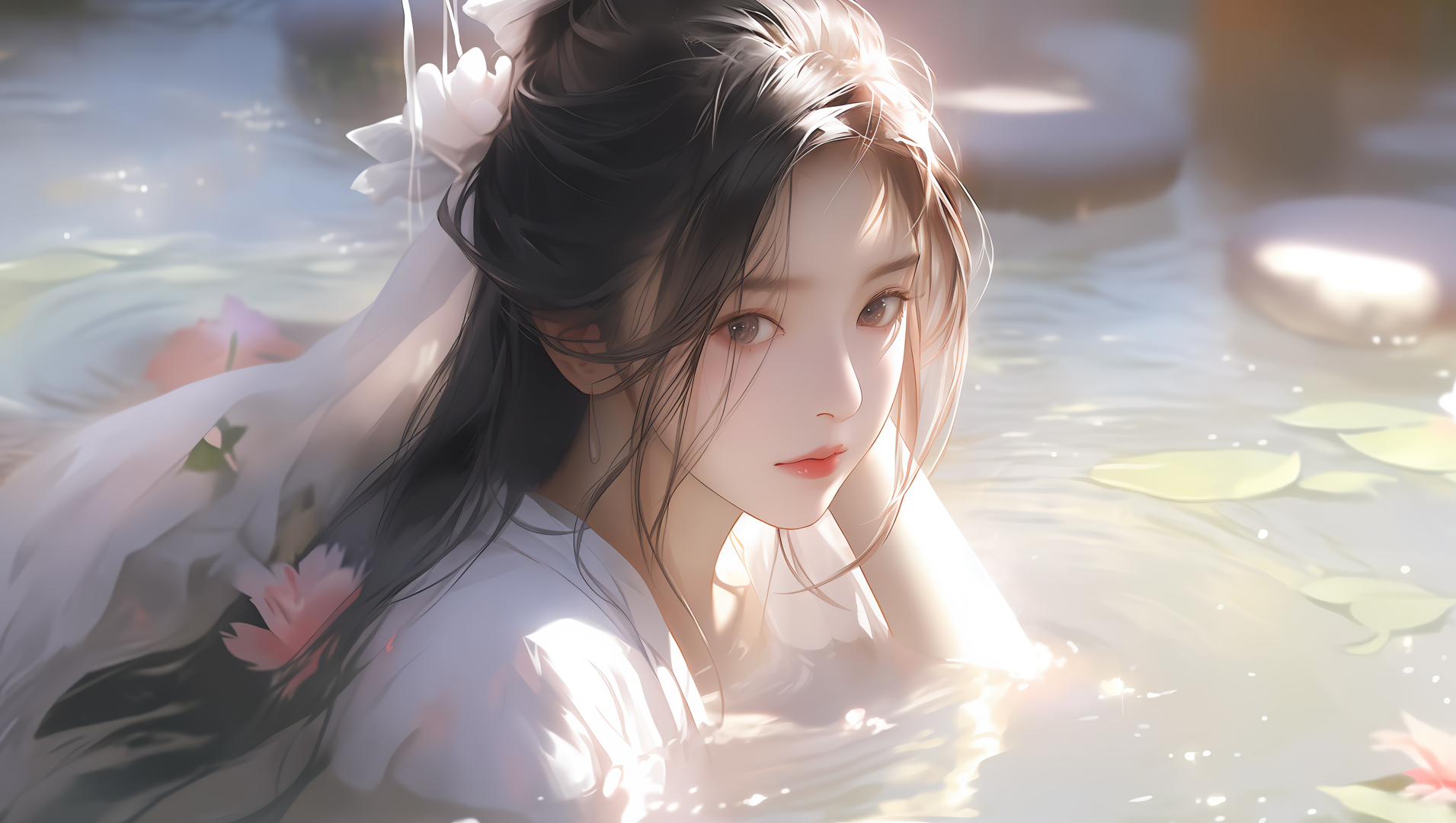 长发古风少女身处漾着波光的清浅水景中
