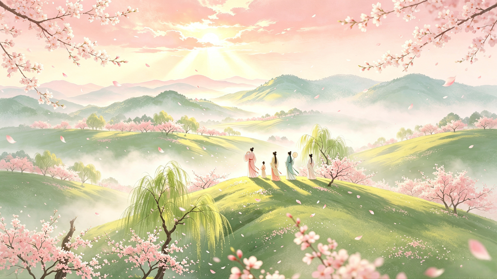 春日雾中山野漫山粉桃，五名古装人物立于缓坡眺望日出。