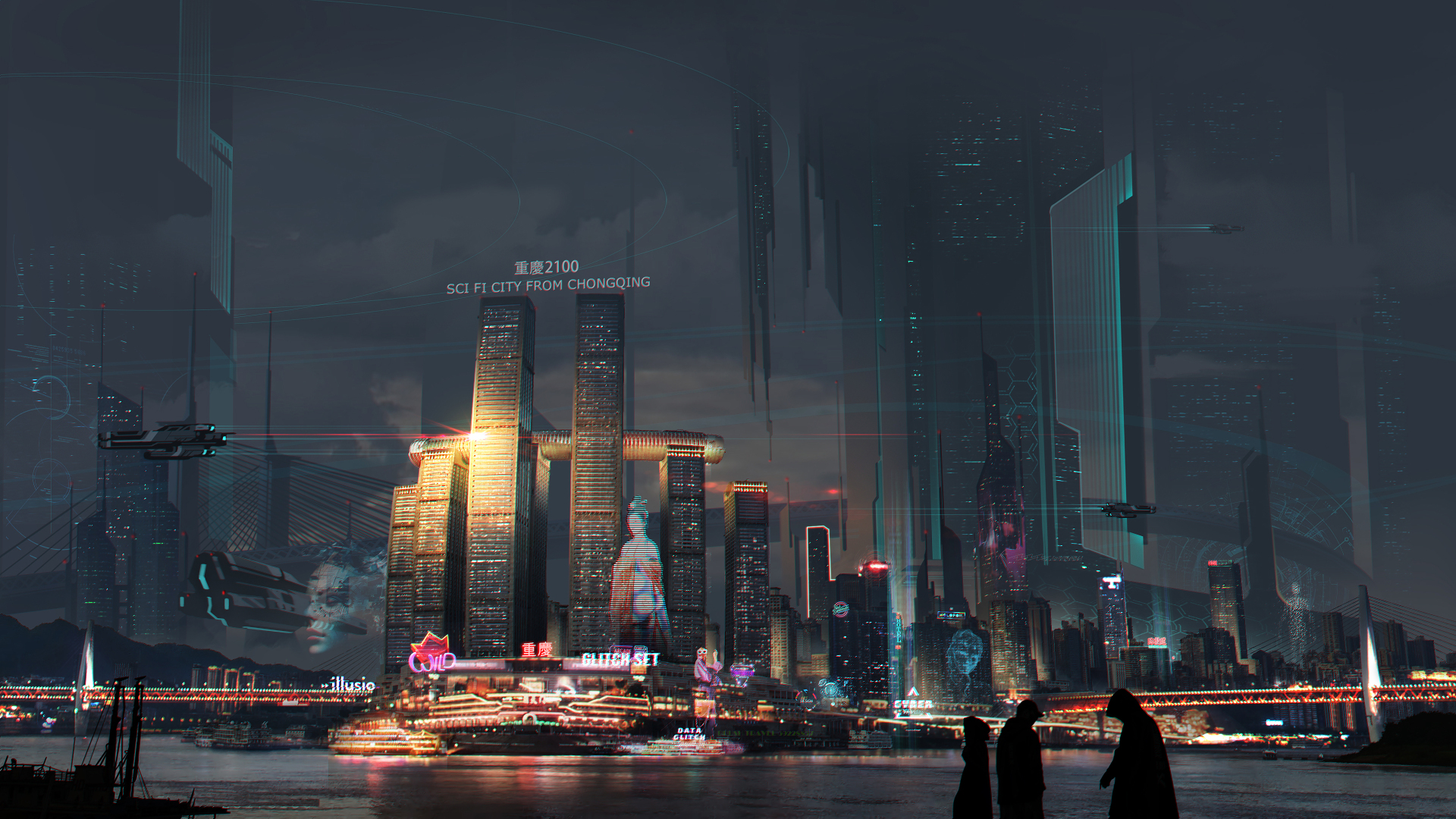 赛博朋克风格滨水都市夜景，水面倒映霓虹，低空飞行器穿梭，巨型摩天楼亮着暖光与全息投影。