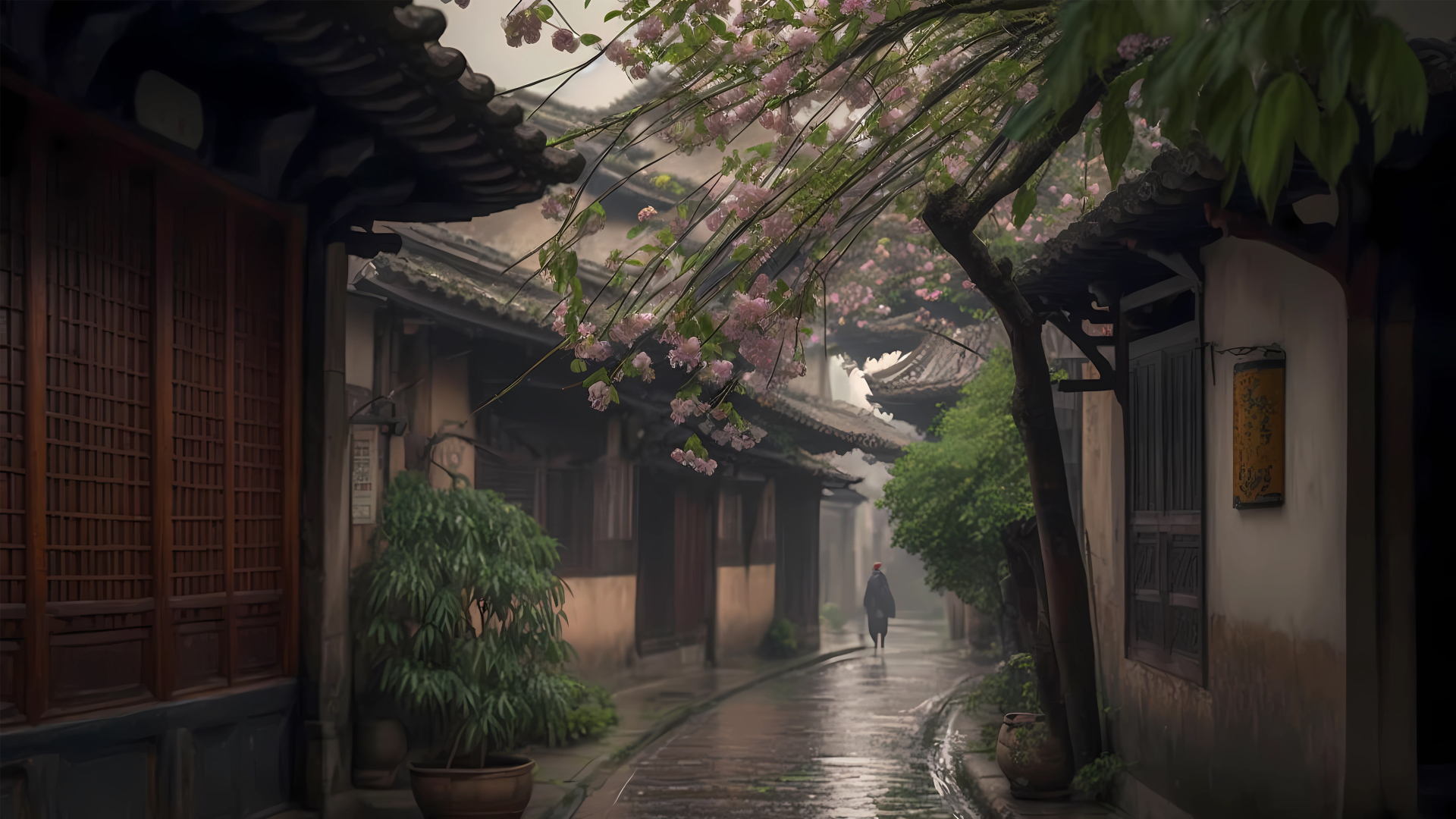 国风插画风格的湿润古巷，两侧是青灰色中式民居，地面有积水反光，前景垂着柔粉色花簇，远处雨雾中立着撑伞行人，整体色调柔和静谧。