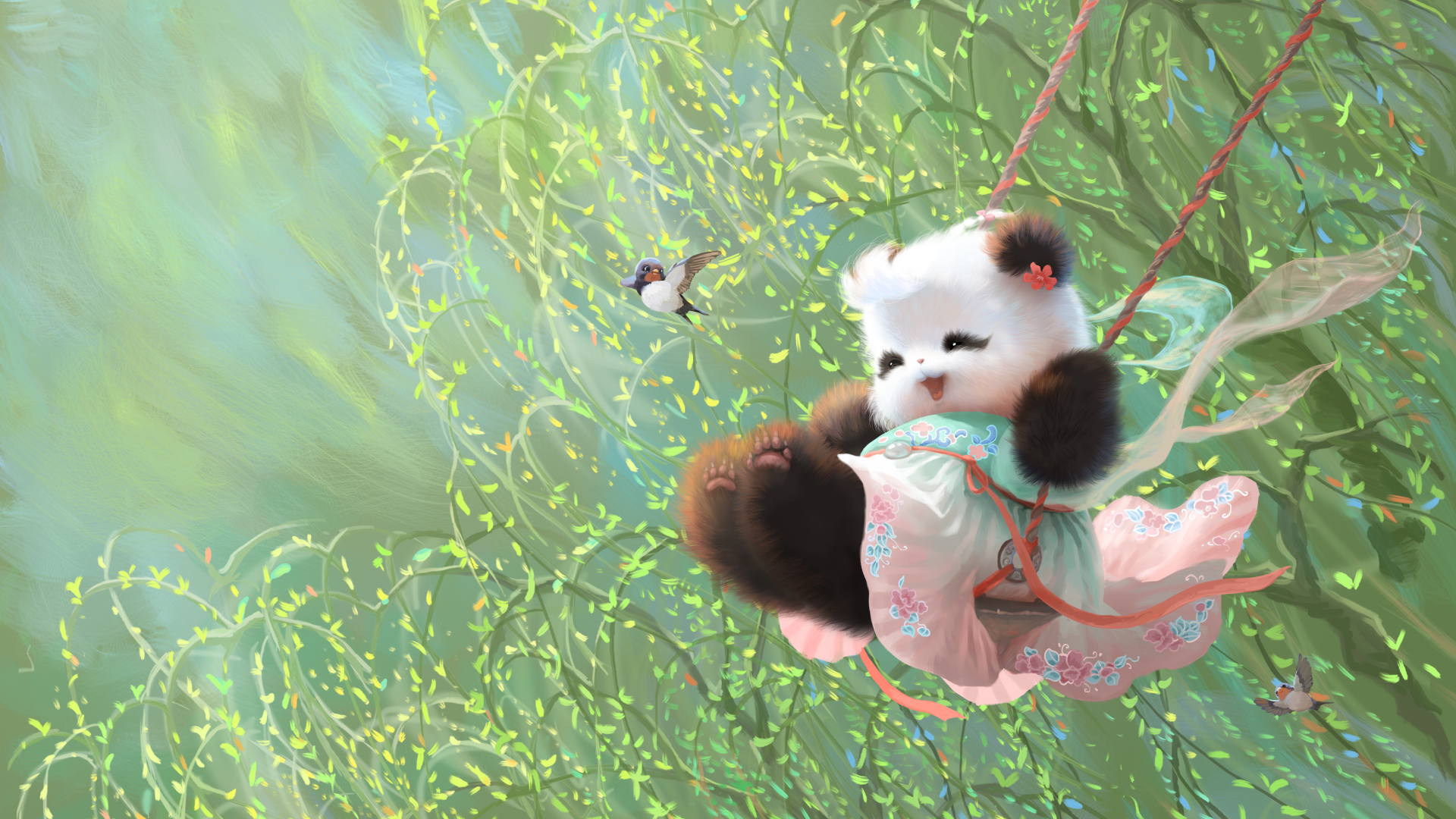 春日柳荫治愈插画：少女坐在秋千上，嫩绿垂柳环绕，柔绿、粉白与浅青配色清新柔和。