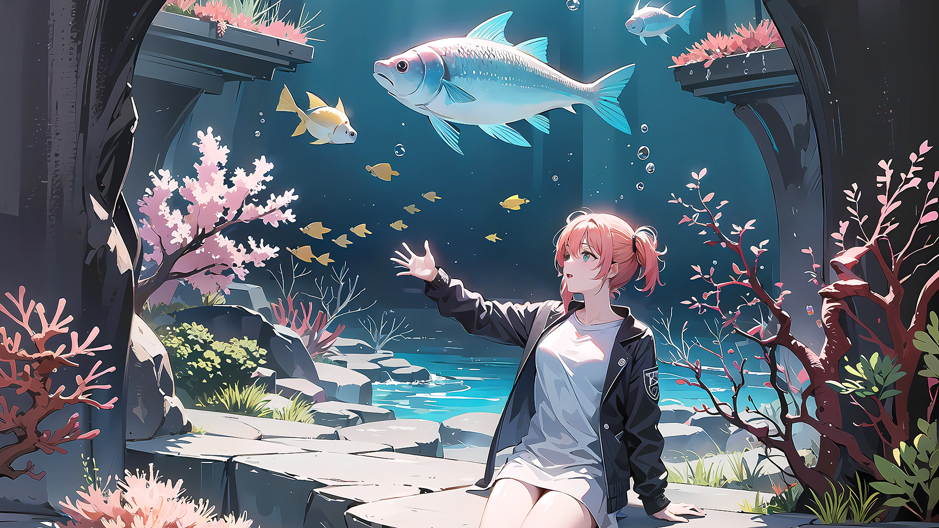 粉发少女坐于水下石径，抬手朝向游动的鱼群，四周分布粉色珊瑚。