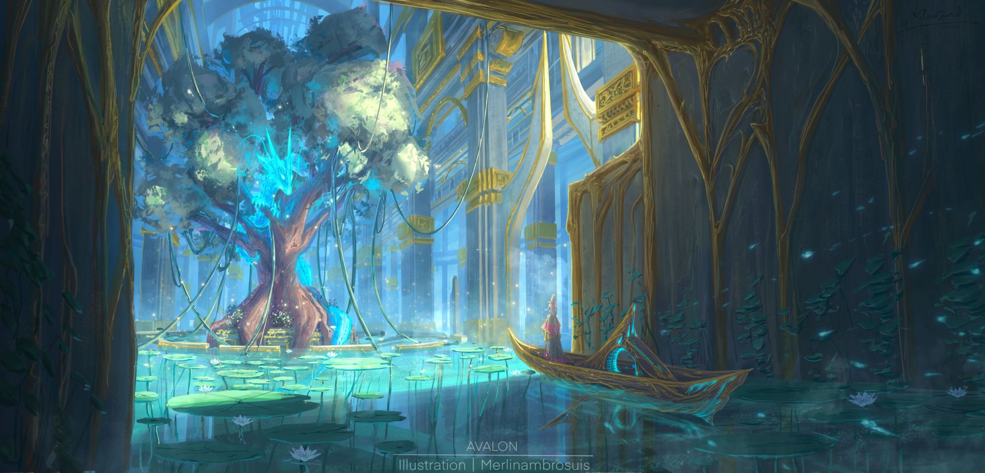 蓝金奇幻神殿水景插画，圣树旁小舟立着粉紫长裙人物