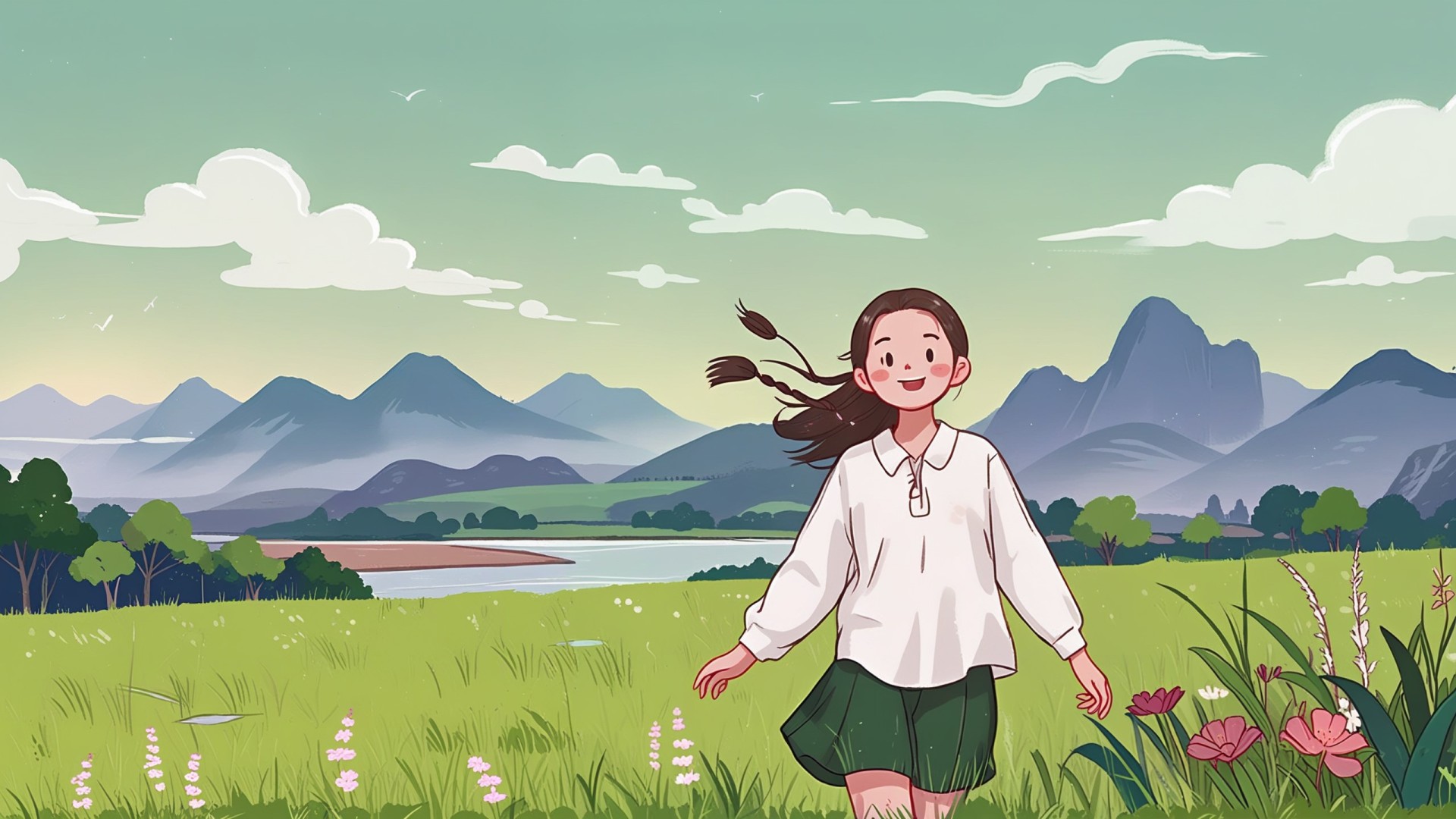 站在郊野草地上的白衫绿裙少女，背景是河流树林与层叠青山