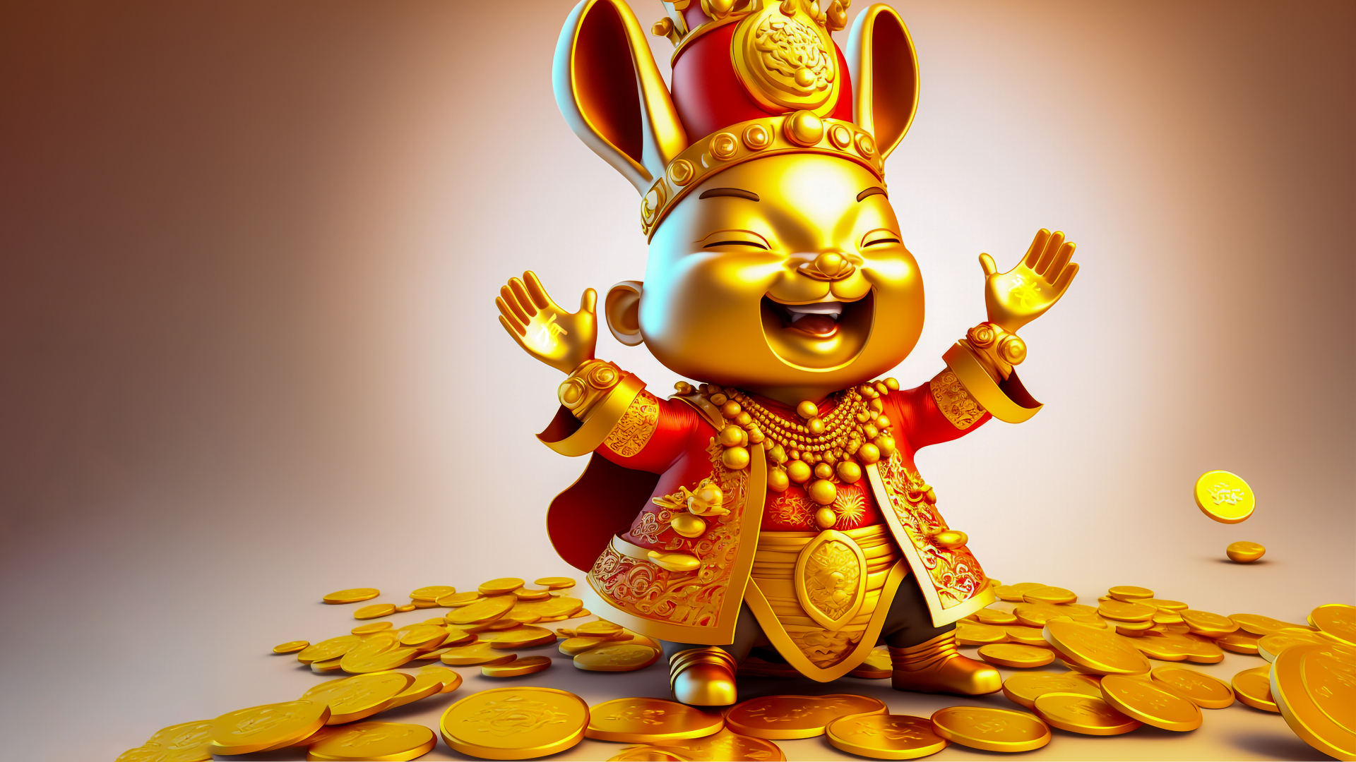 红金装扮的鎏金卡通兔子立于金币堆上，笑容灿烂，浅橙渐变背景，3D渲染风格。