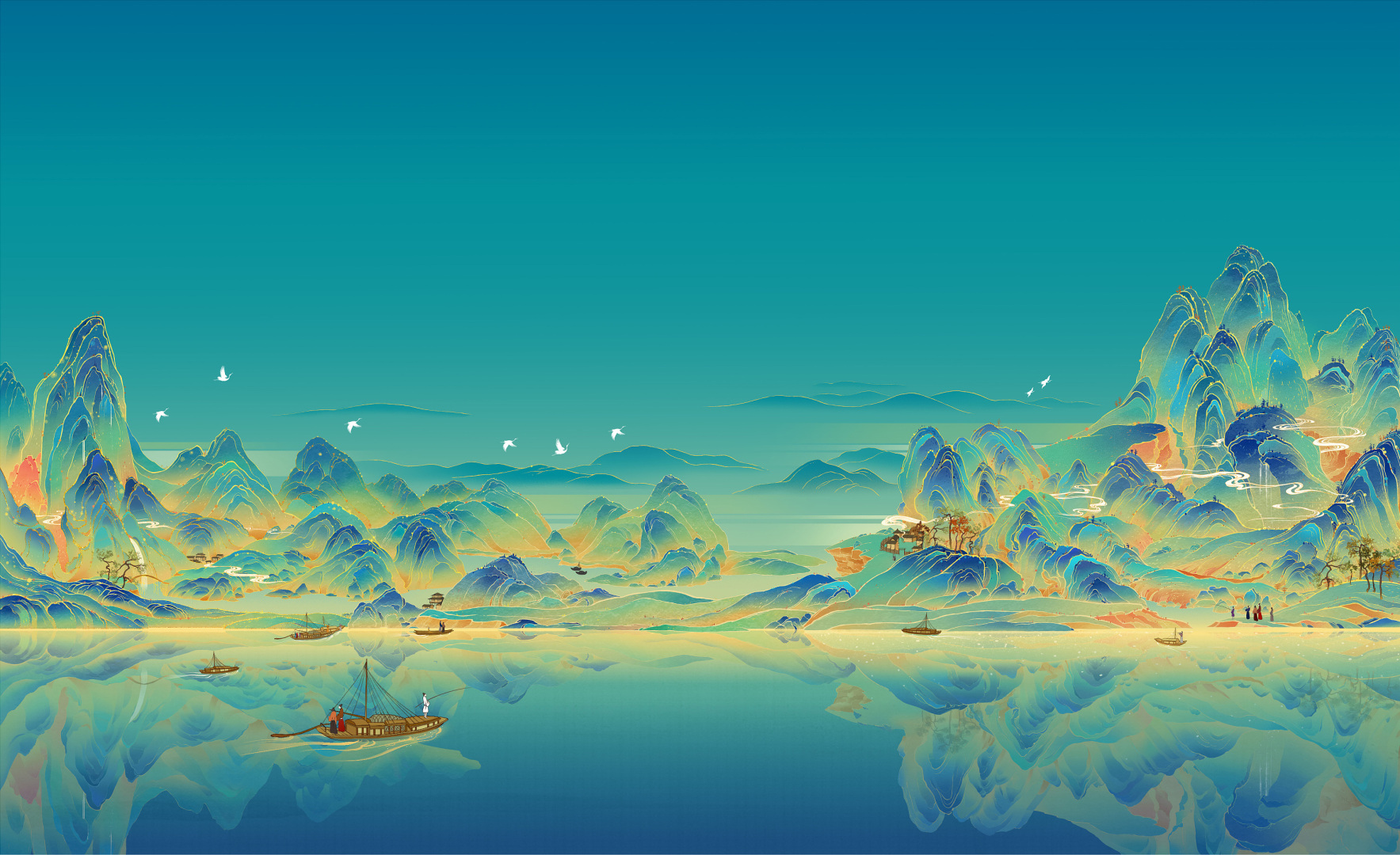 国风青绿山水插画，层叠的青蓝色渐变山峦错落排布，前方是开阔平静的宽阔水面，搭配浅金色装饰元素，整体色调清新雅致。