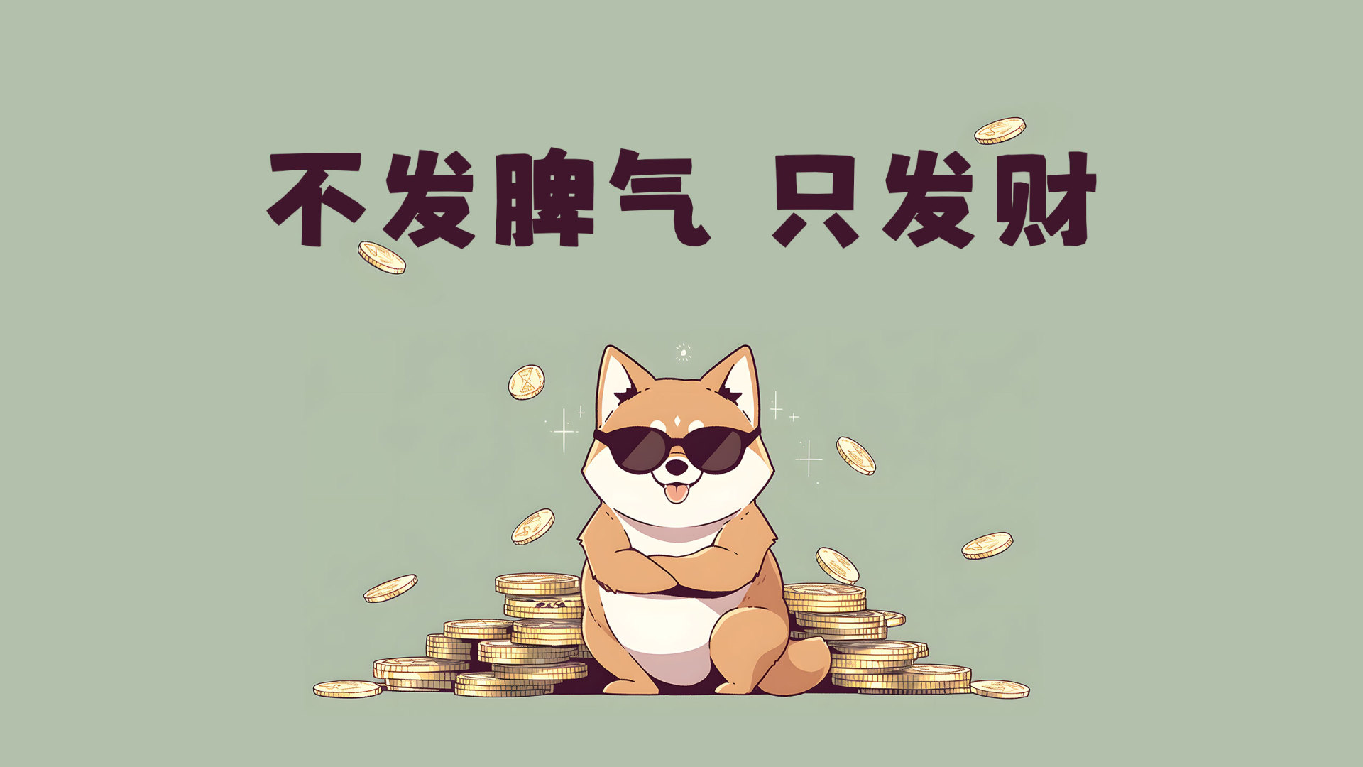 戴黑墨镜的浅棕白色柴犬双臂交叉蹲在金币堆前，上方写着“不发脾气 只发财”，浅灰绿色背景的扁平卡通插画。