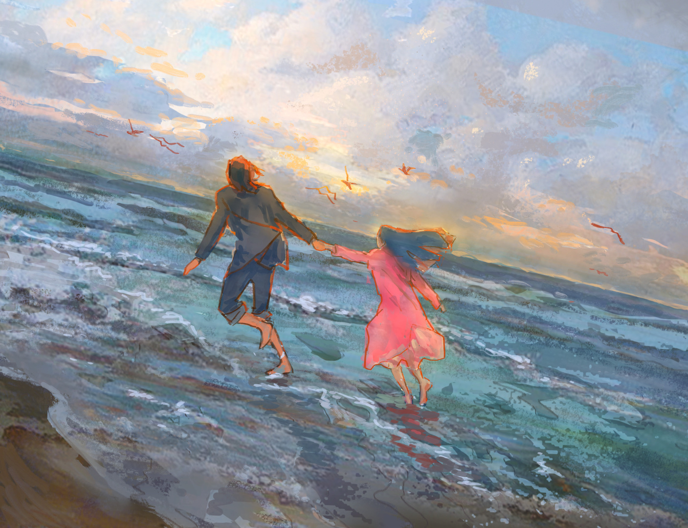 厚涂油画风海边牵手男女插画