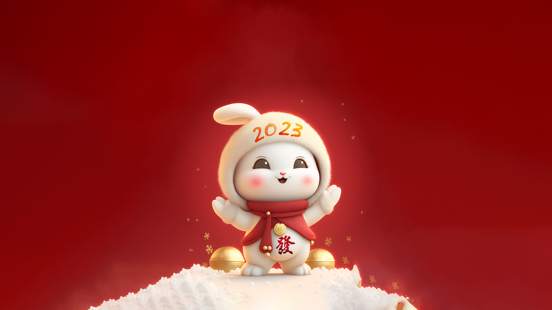 深暗红色背景点缀金色雪花装饰，戴橙印连帽围红围巾的白色卡通兔子站在白色台面上，身侧摆放金色圆饰，腹部饰有红色發字。