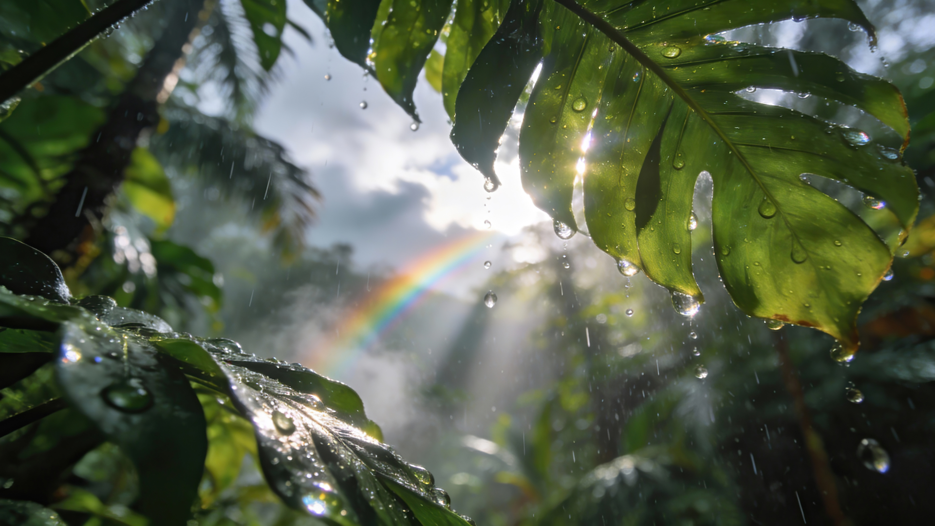 带水珠的鲜绿叶片在雨幕中，透光的叶隙后方浮现彩虹。