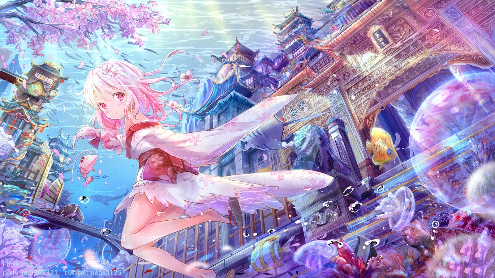 anime, anime girls, underwater, whale, city, ultrawide, ultra-wide HD ...