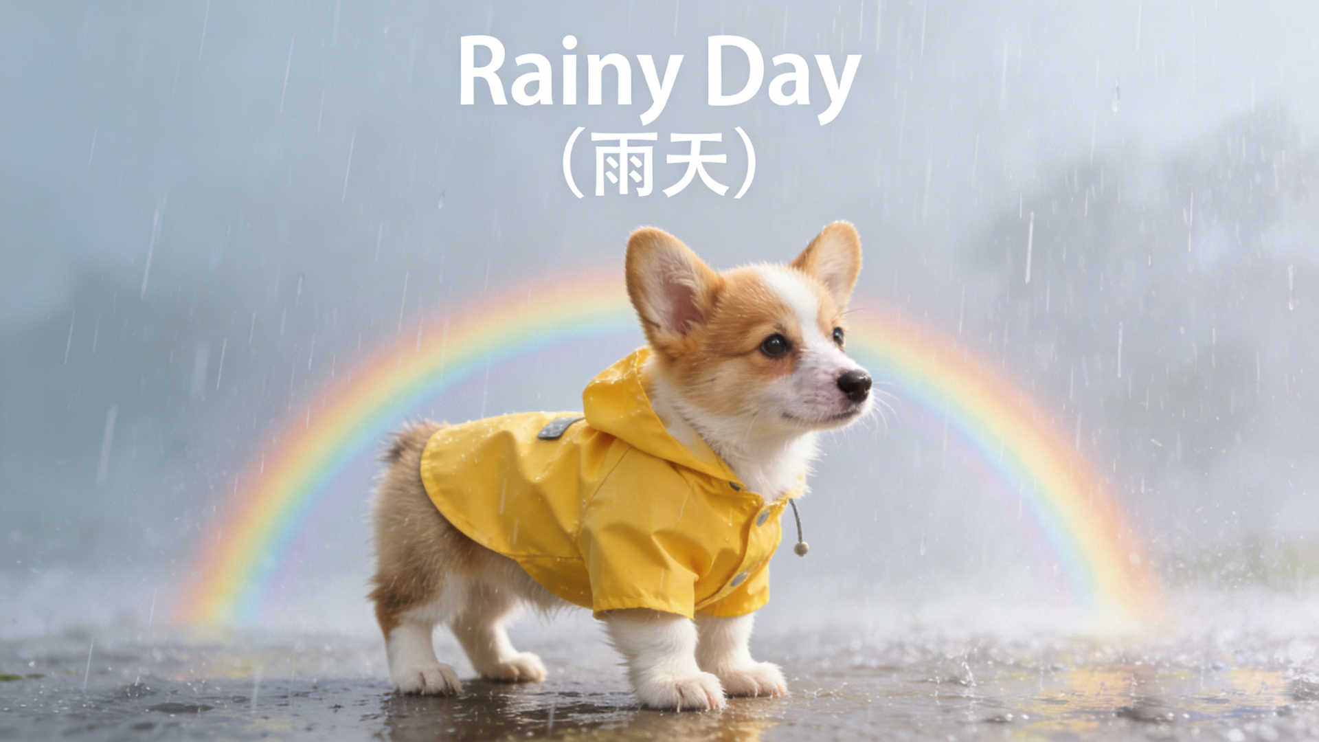 穿亮黄色雨衣的柯基幼犬站在雨天户外积水路面上，背景雨幕中悬着一道彩虹，上方浅灰雨雾区域留有充足留白。