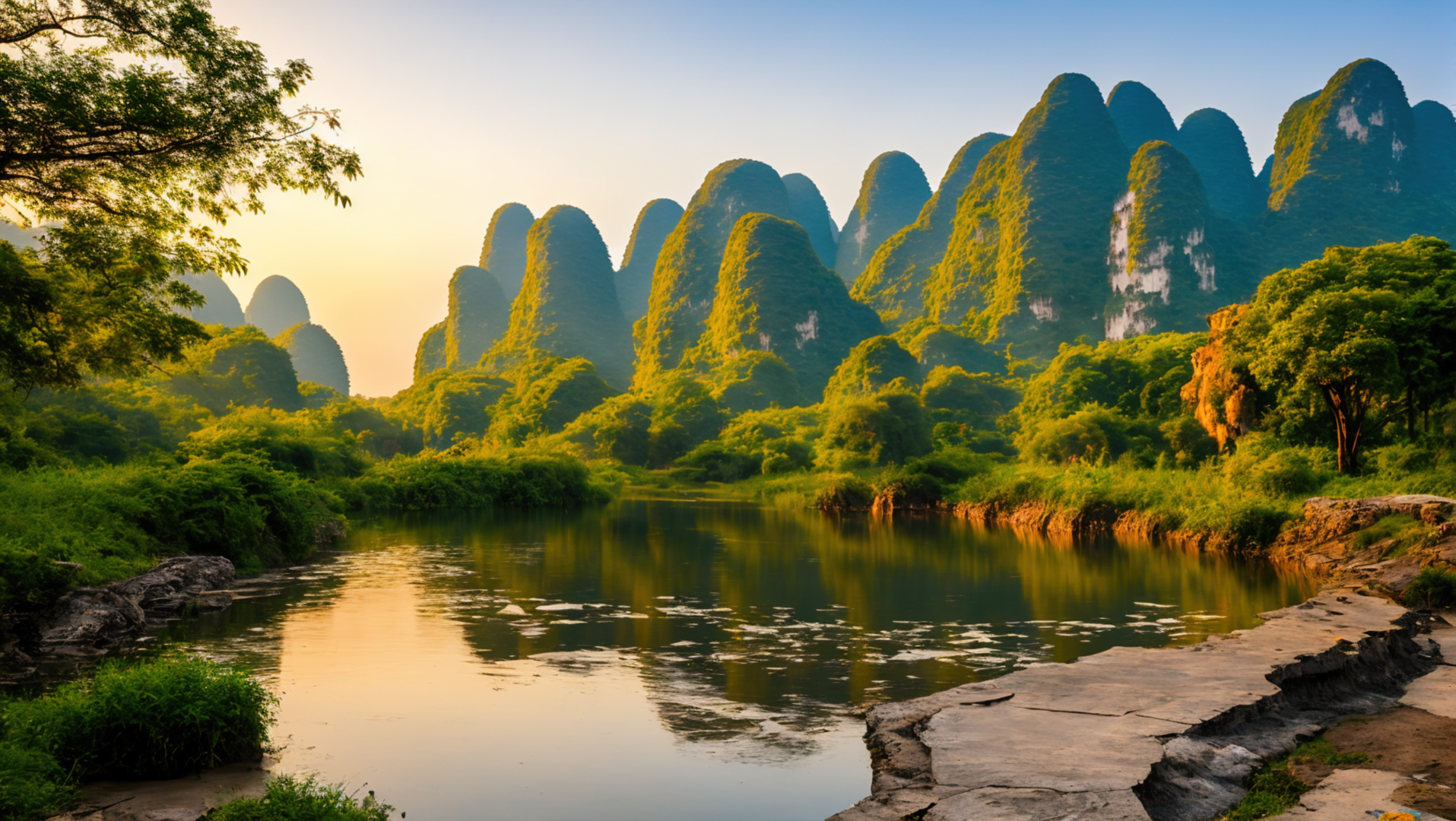 日落时分的喀斯特锥形峰林与平缓河流山水景观，植被呈翠绿色，天空晕染暖金色霞光。