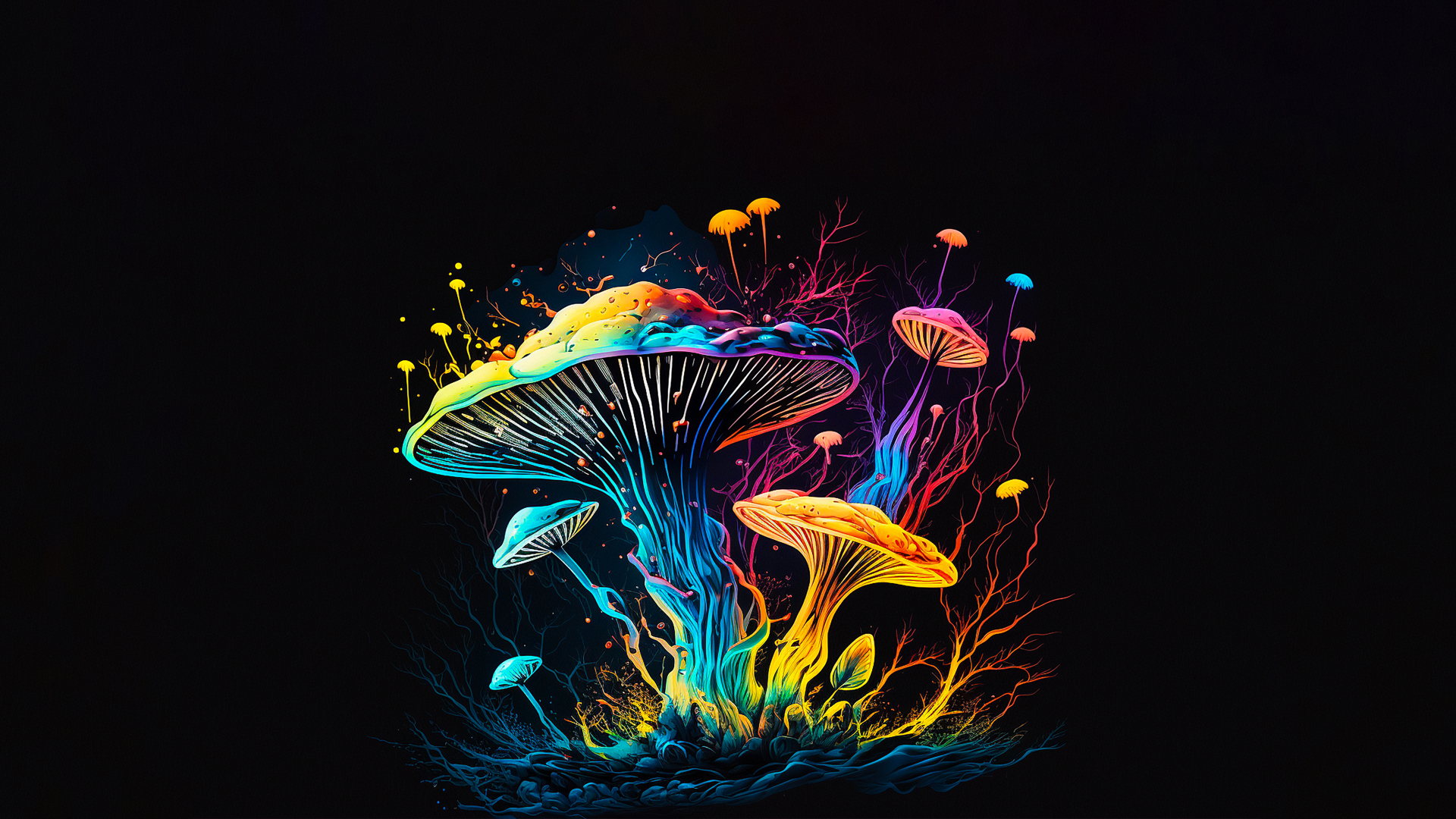 纯黑背景下的霓虹渐变发光蘑菇插画