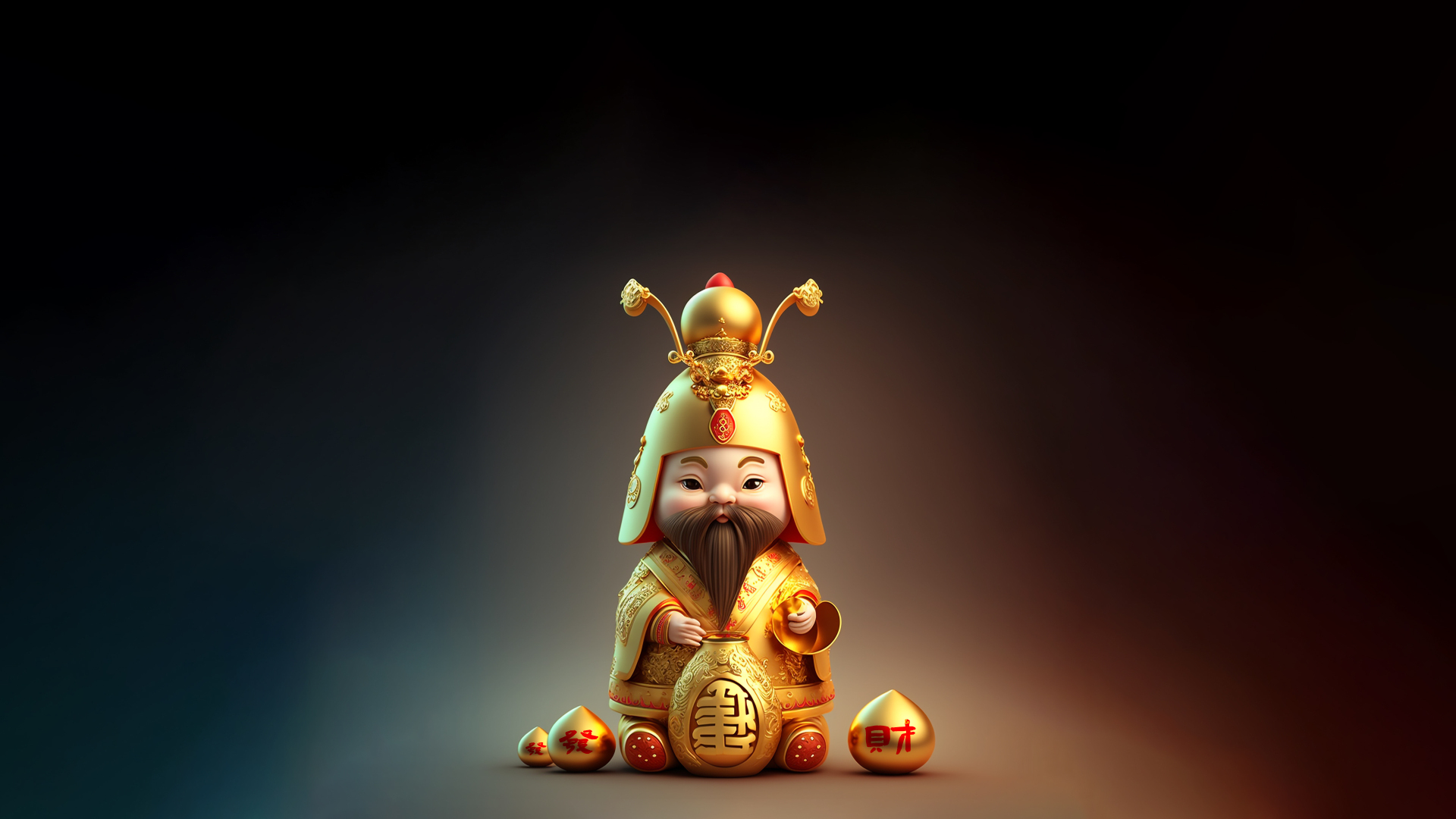 暗调虚化背景前，Q版3D财神身着暗纹金袍，身旁摆放印着红“發”“財”字样的金元宝，整体以亮金色、暖红色、深棕黑为主色调。