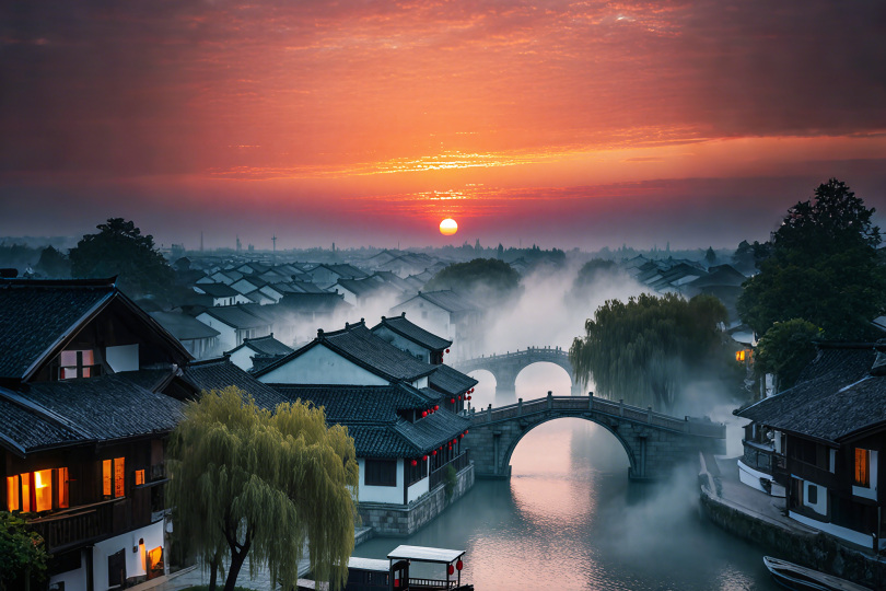 霞雾锁水乡