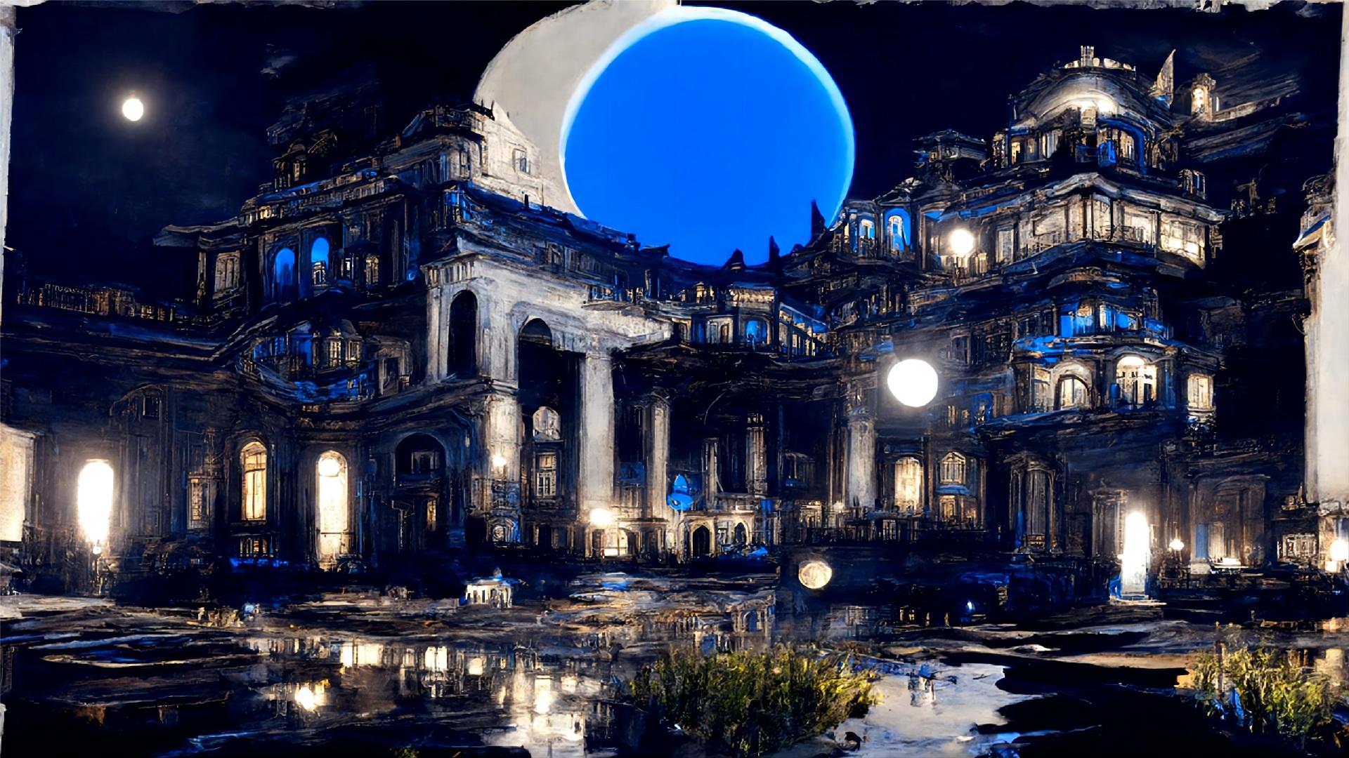 深蓝夜空下立着宏伟石砌古典城堡，城堡后方悬着巨型亮蓝色圆月，前景积水倒映建筑暖黄灯光与月影。
