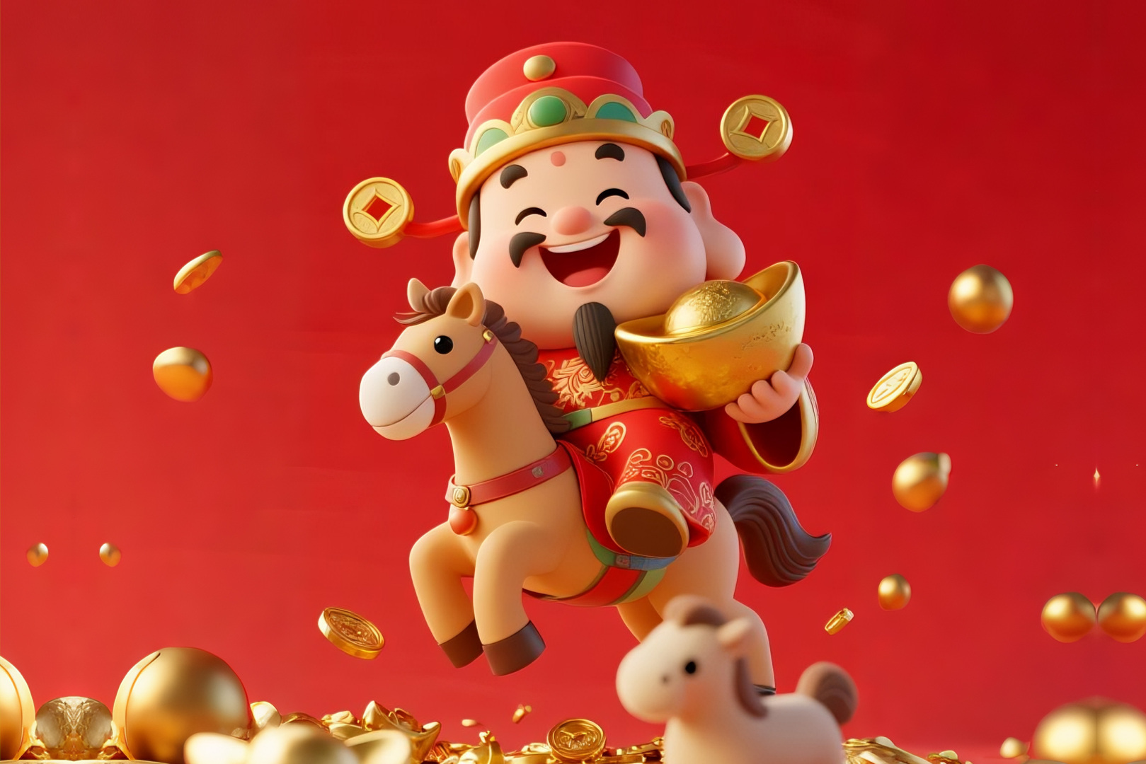 正红背景下Q版卡通招财形象骑抱元宝，周身散落飘洒金元宝、方孔金币与金色圆球