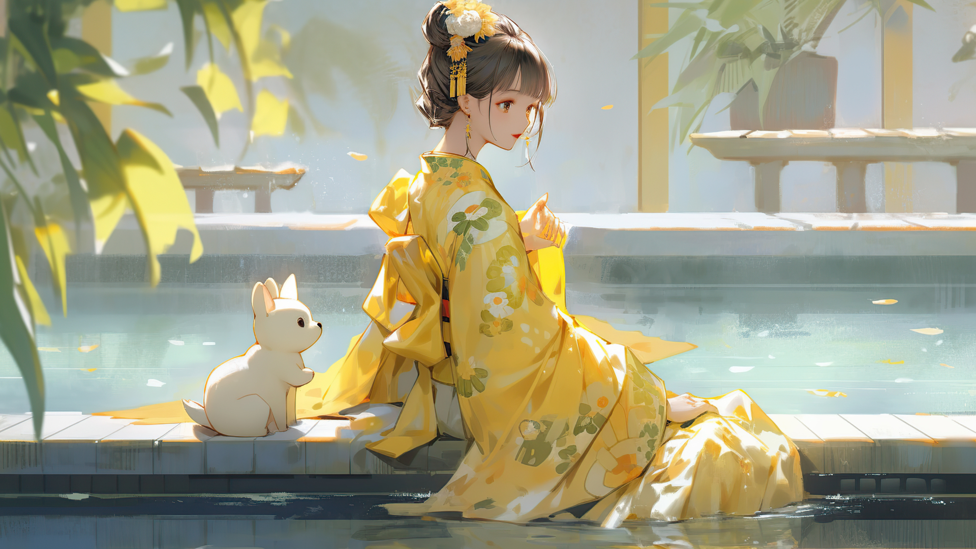 暖黄和服少女与白兔临池而坐