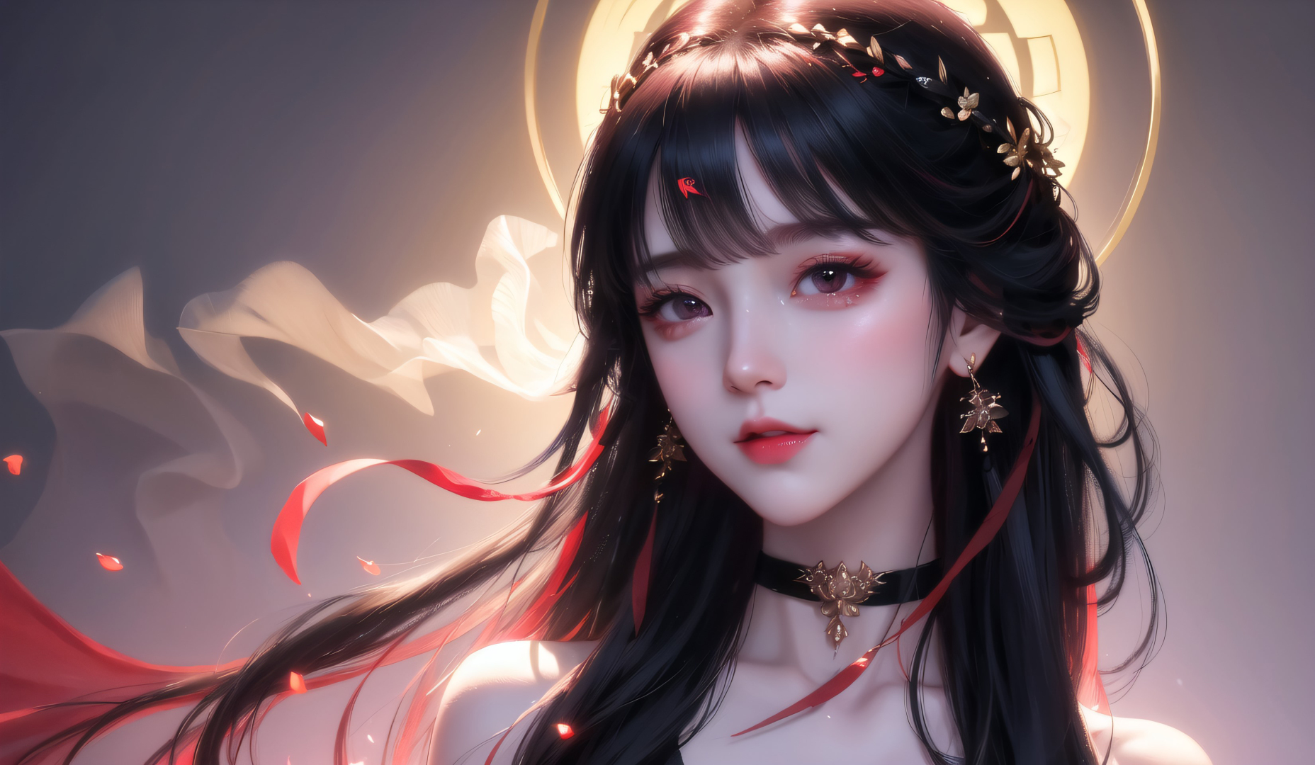 古风黑长发少女近景，金环背光红丝带飘落