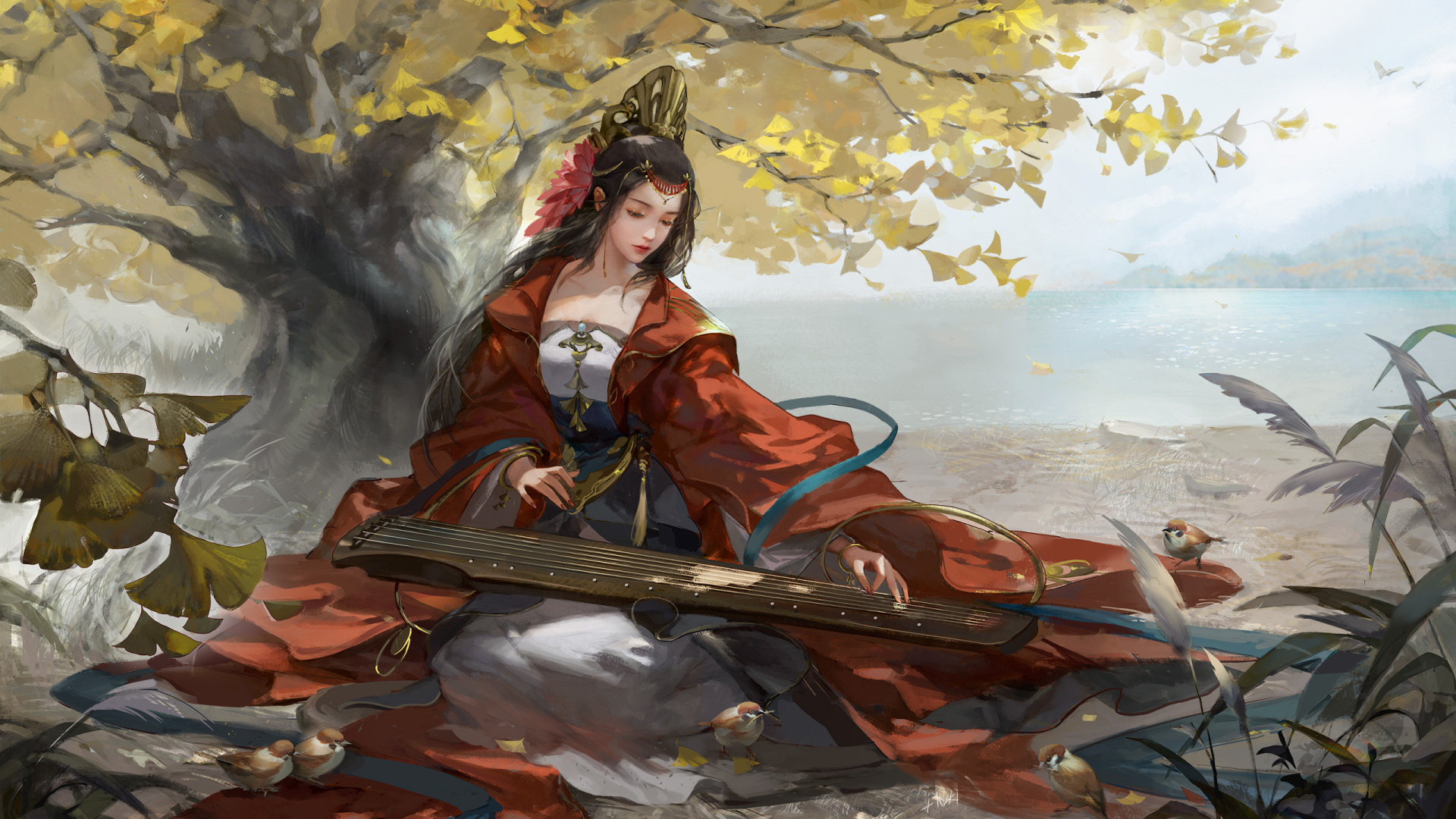 银杏树下抚琴的古风女子，身着红袍配金饰头冠，身侧有小鸟与芦苇。