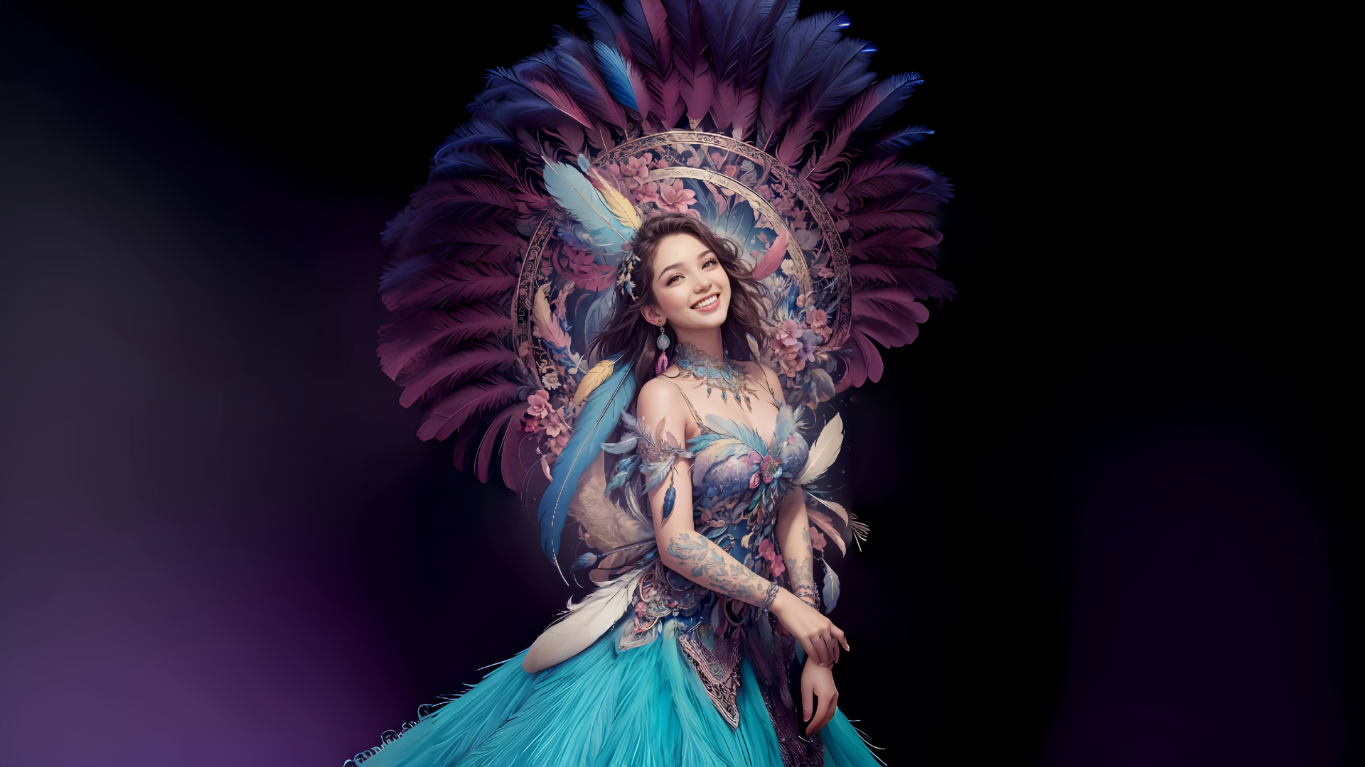 暗调紫黑背景中，身着羽毛礼服的女性身后展开紫蓝环形羽毛装饰，面带笑容。