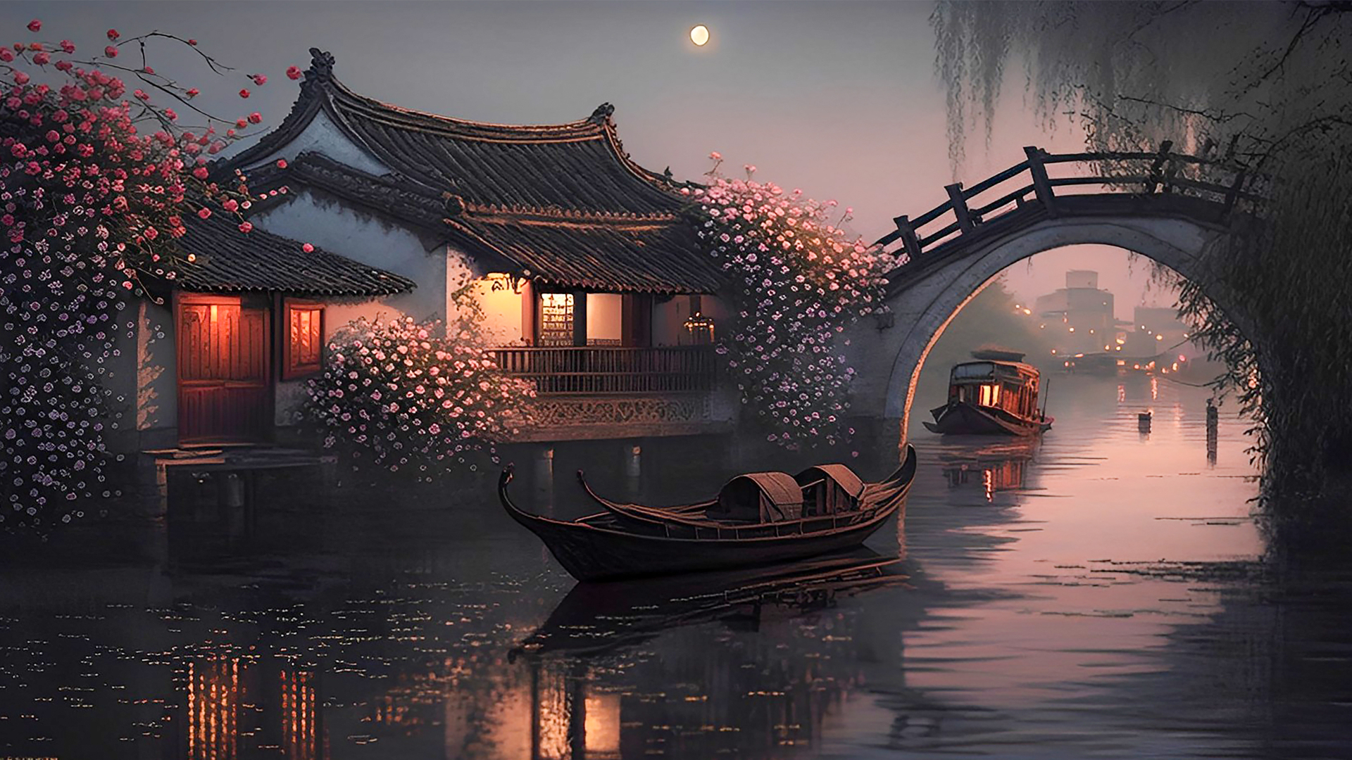 国风插画江南水乡月夜：粉紫夜空悬着满月，河畔垂柳旁的白墙黑瓦水榭透出暖黄灯光，爬满粉花的石拱桥跨过平静河面，两艘乌篷木船浮于水面。