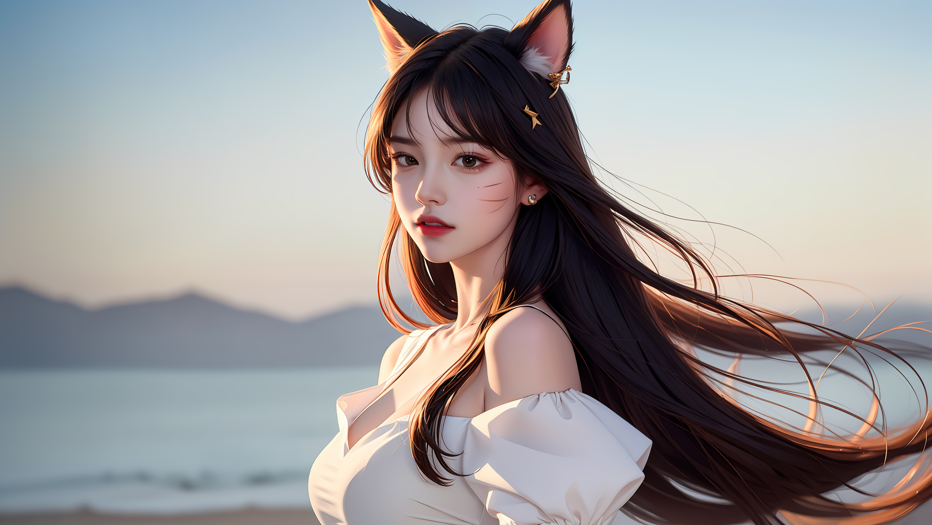 戴猫耳发饰的长发少女站在海边，背景为远山与渐变蓝天