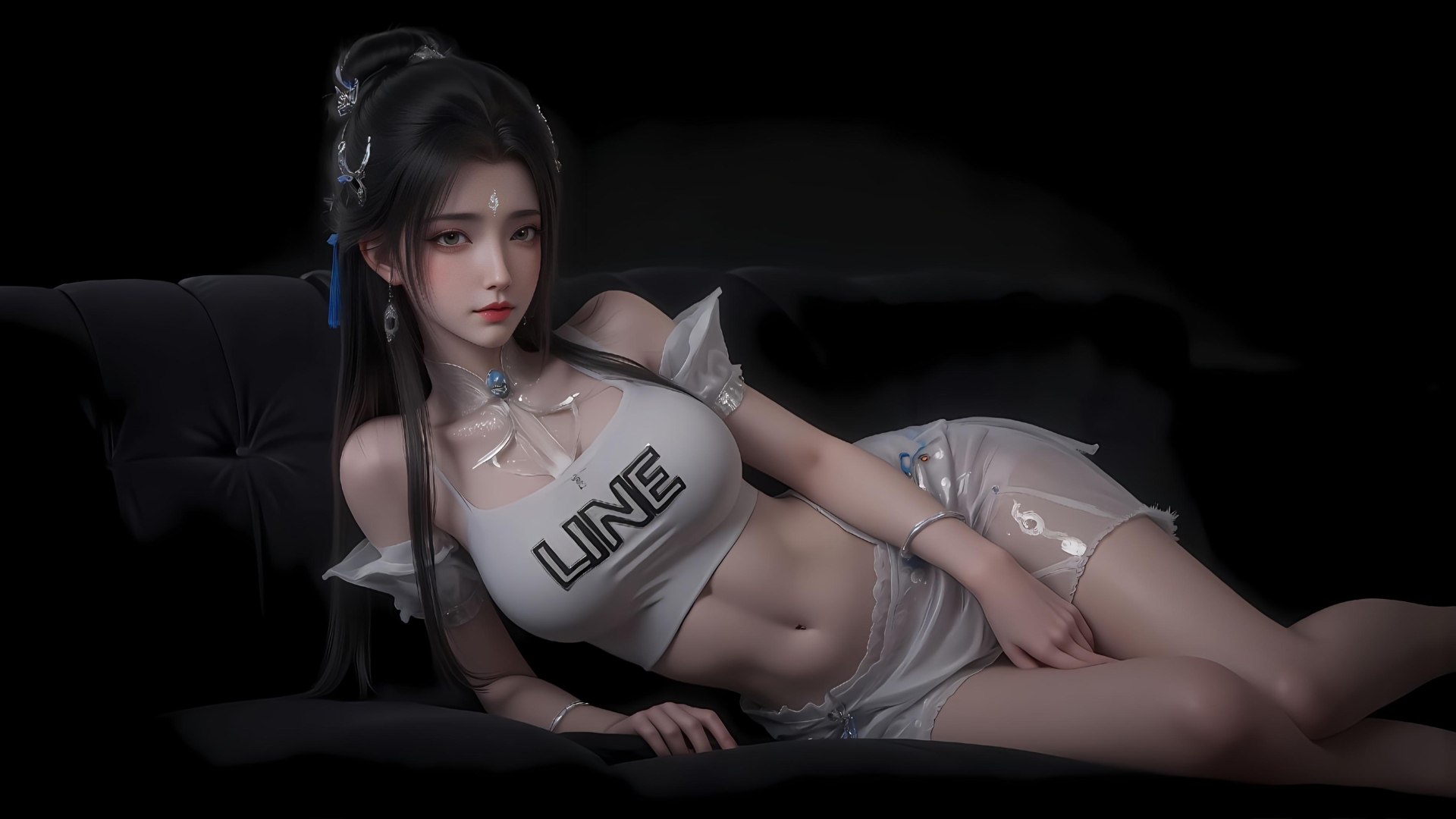 3D渲染黑发女子佩戴古风发饰，身着白短衣侧卧黑沙发，纯黑暗调背景