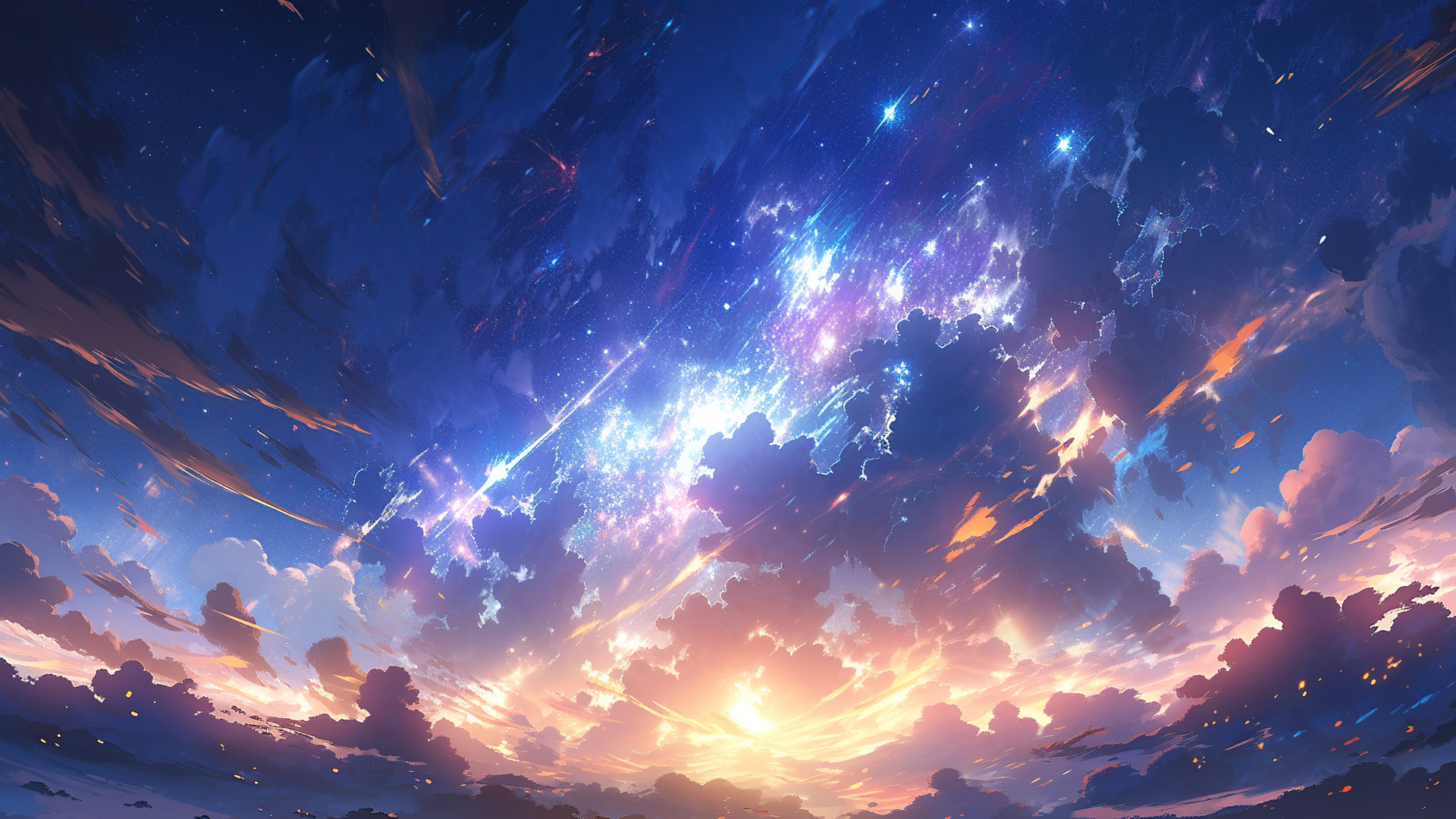 动漫风格横版插画，深蓝渐变夜空布满璀璨星点与星云，底部晕染粉橙日落光效与云层。