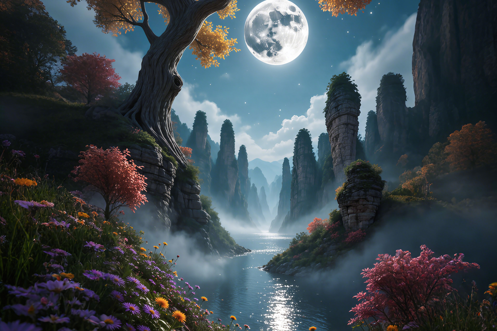 青蓝色夜空缀着繁星，悬着一轮满月，喀斯特峰林环绕着反光的河谷，崖边长着彩叶古木，岸畔生有野花。