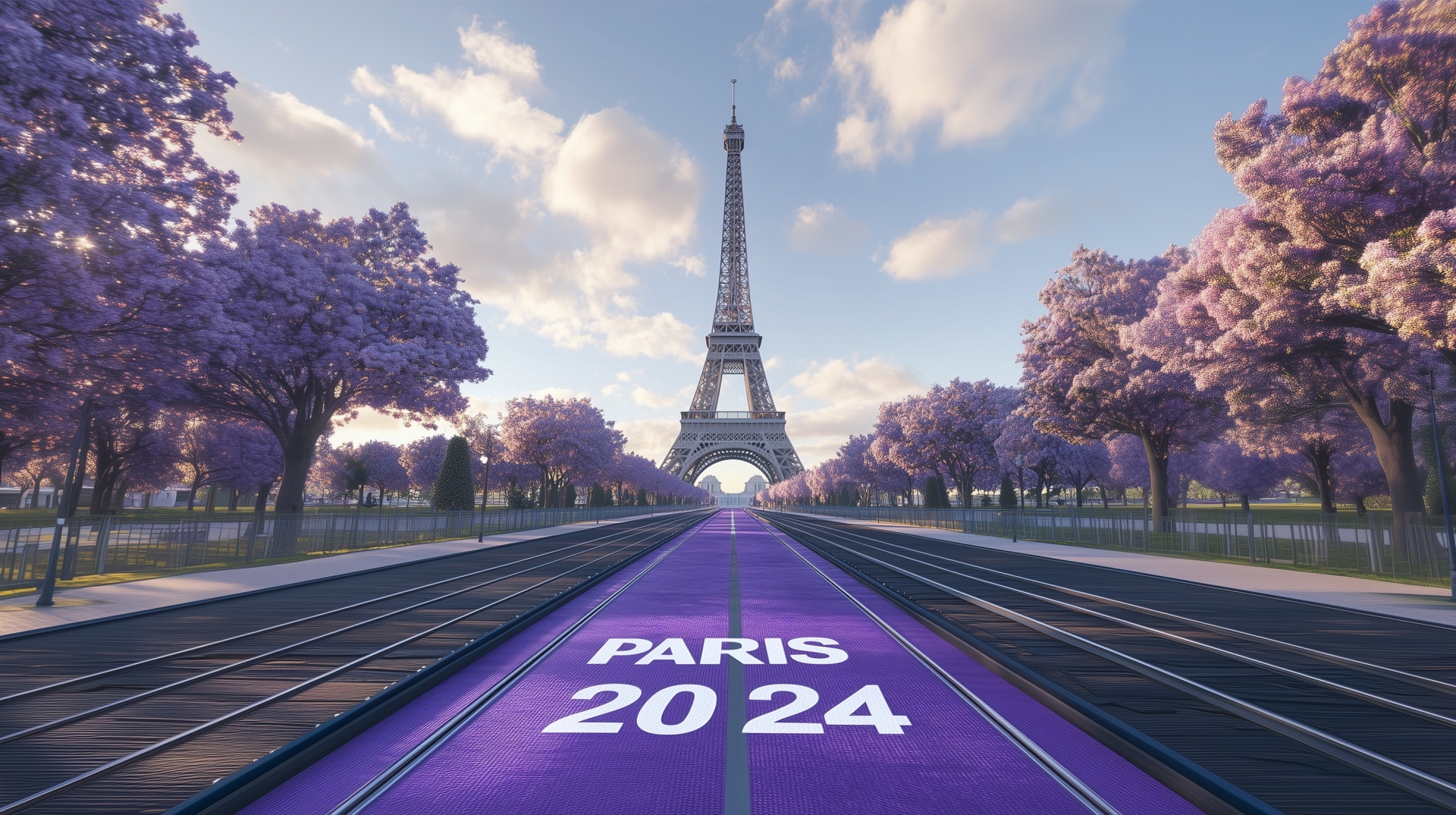 白日淡蓝天空下，暖金色埃菲尔铁塔立在画面远端，印有PARIS 2024字样的紫色赛道从近景向塔延伸，赛道两侧排布着盛放的紫色花树。