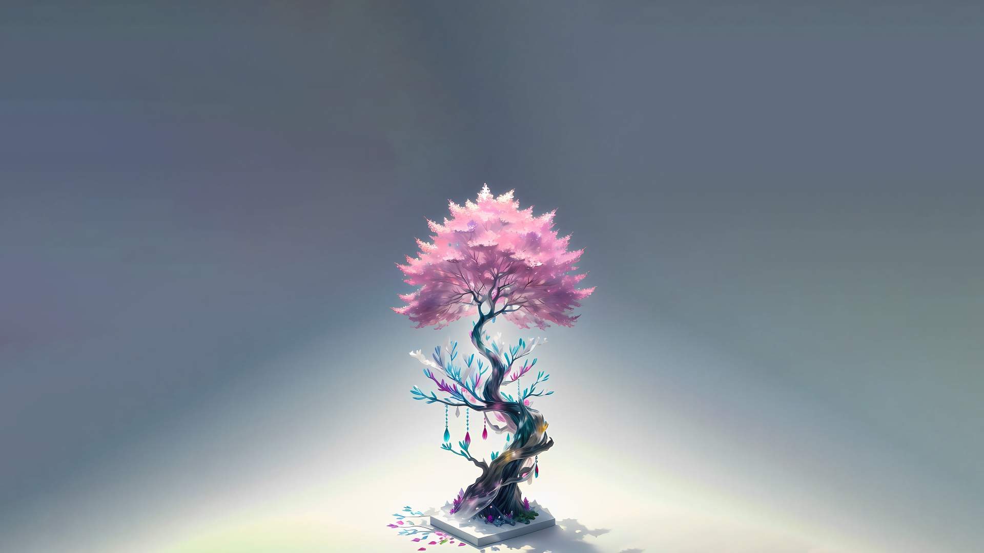 简约梦幻画面，正中是奇幻花树，粉紫树冠发光，背景是渐变柔光。
