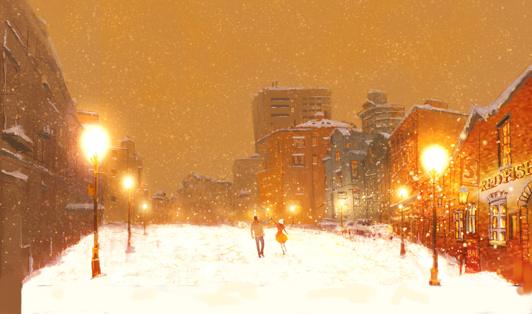 暖橙落雪的城市街道，牵手漫步的人物与覆雪街灯