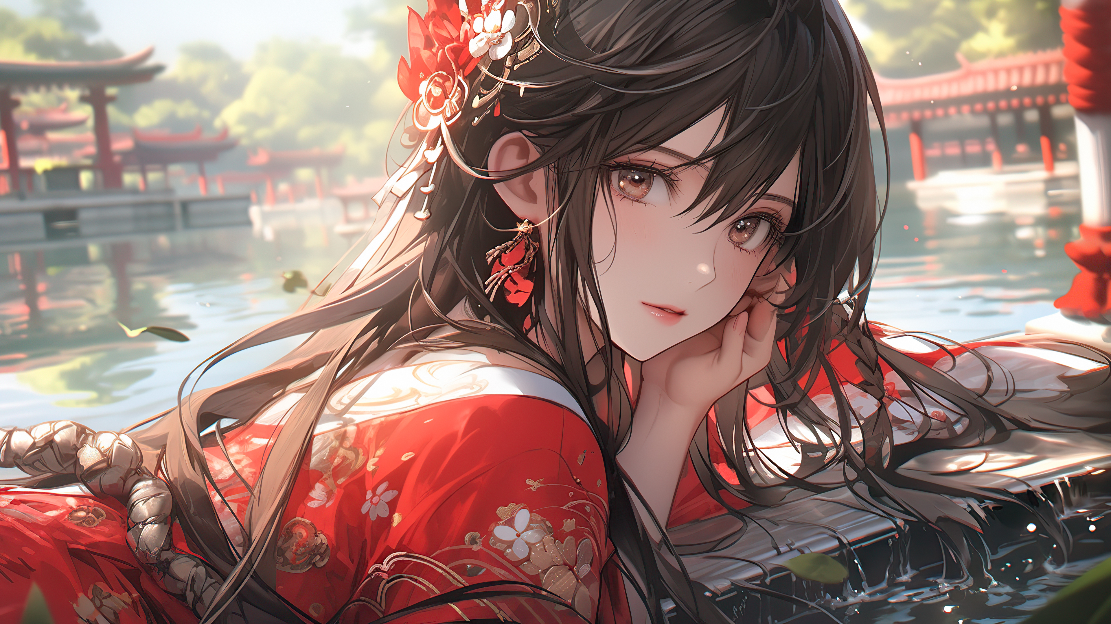 池边红衣少女