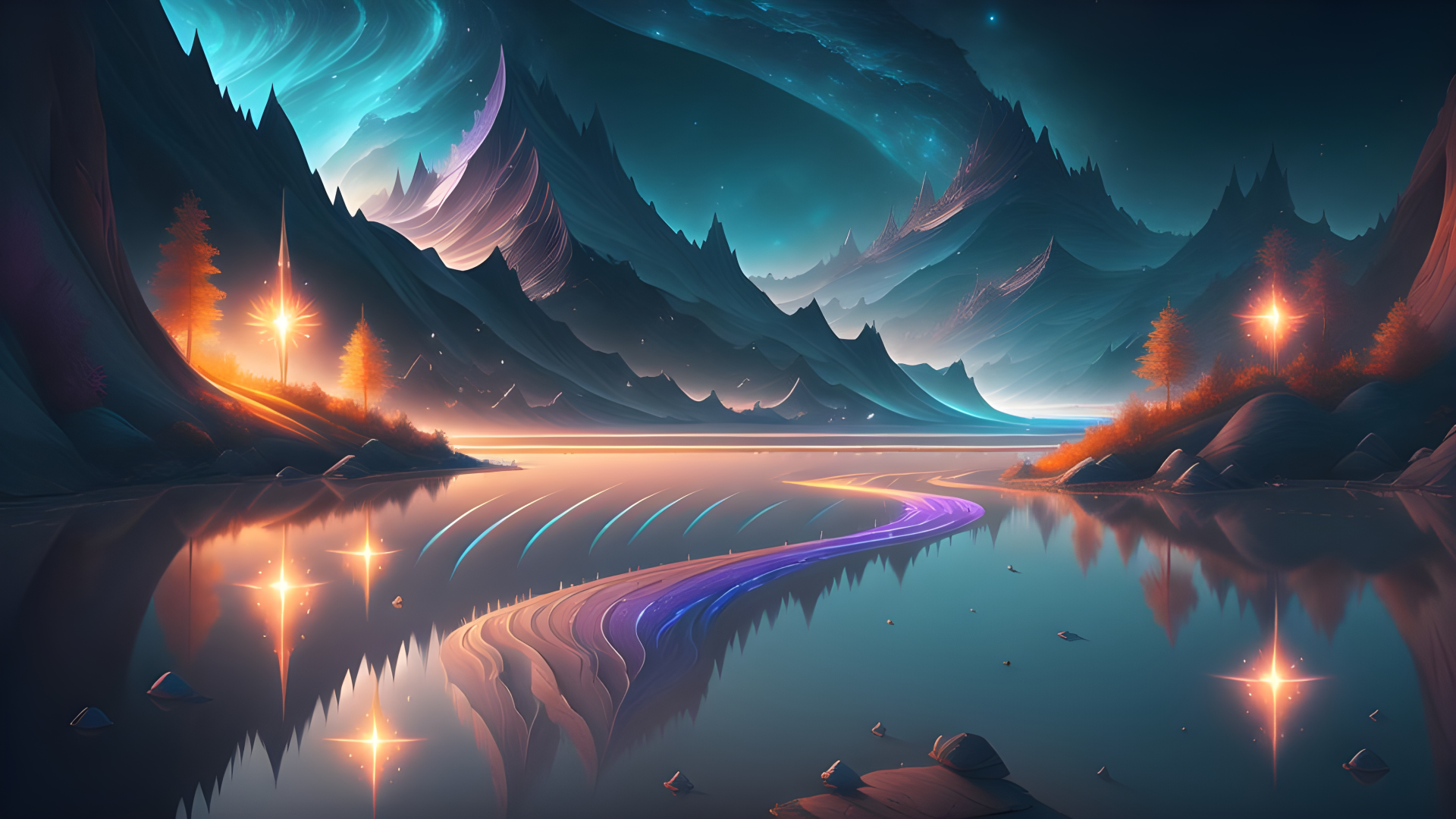 奇幻群山湖景，星云夜空下平静湖面倒映山形，湖岸橙红针叶树，中央紫橙渐变路径，深青蓝底色搭配暖橙紫撞色