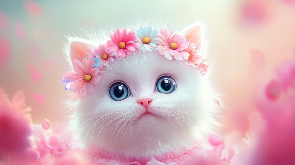 可爱的小猫戴着粉色花环